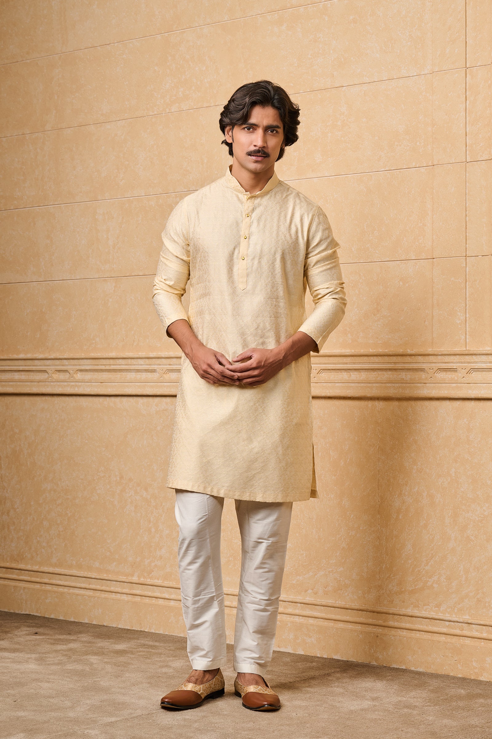 Cream Floral Jacquard Kurta Set