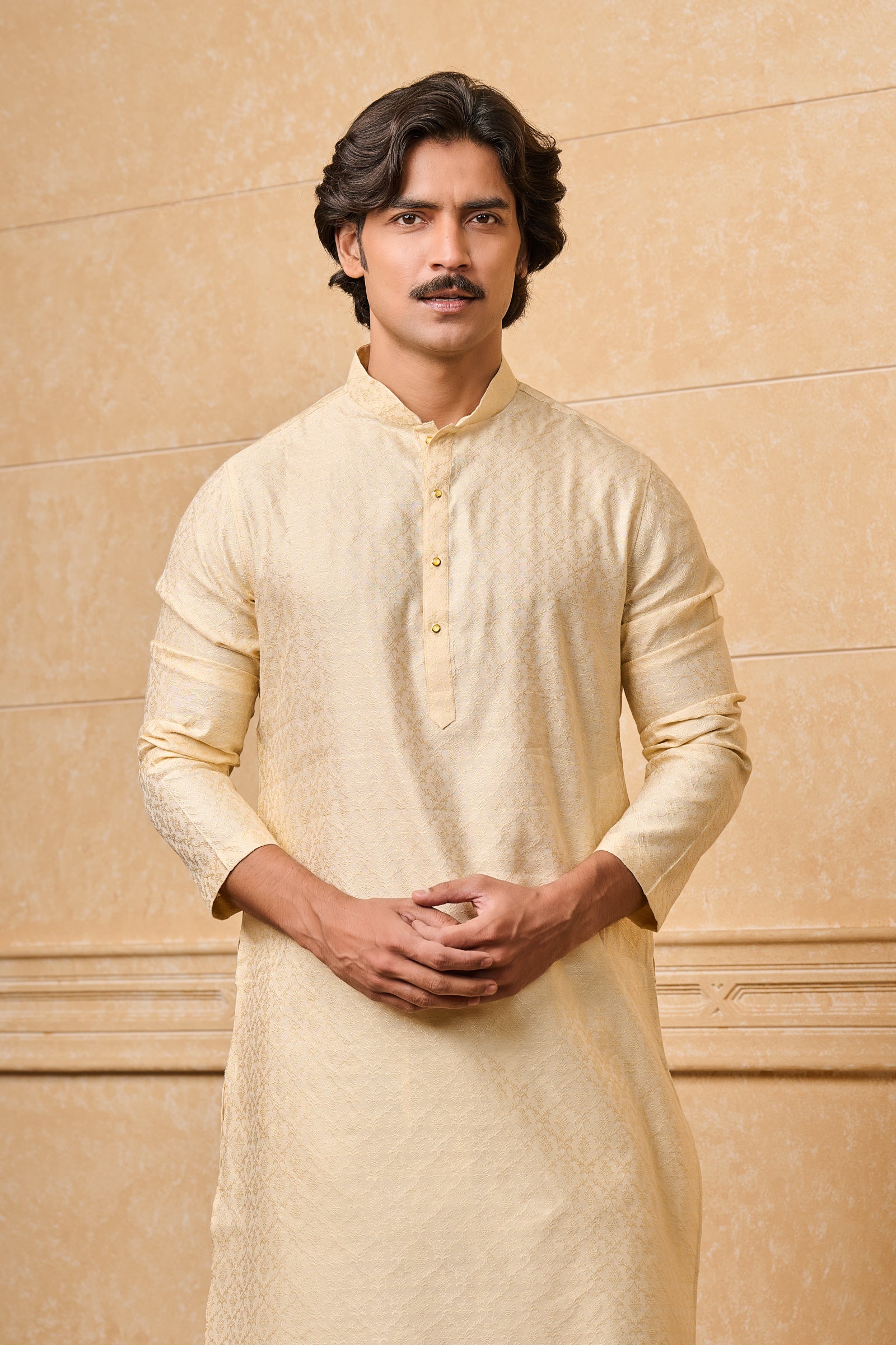 Cream Floral Jacquard Kurta Set