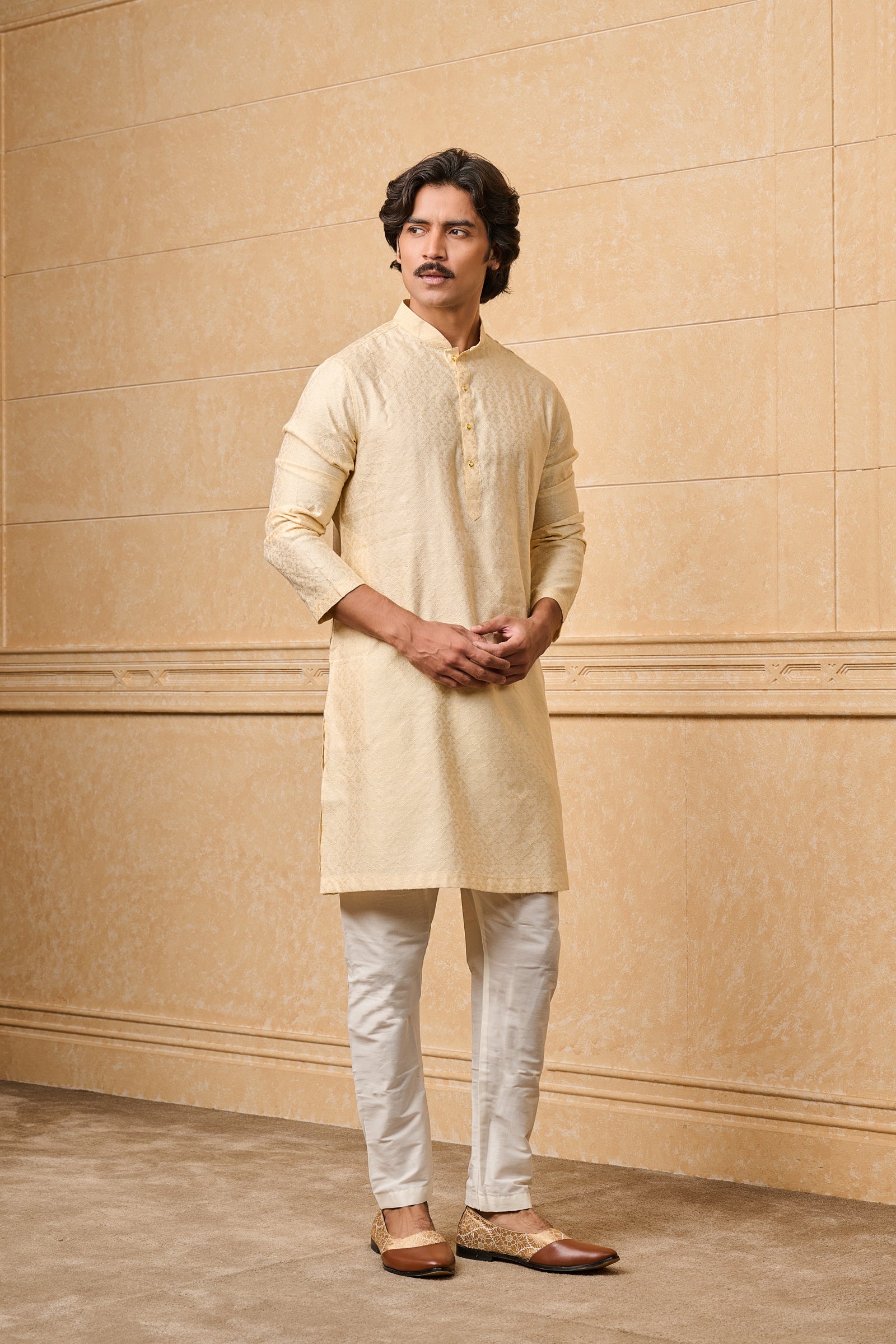 Cream Floral Jacquard Kurta Set