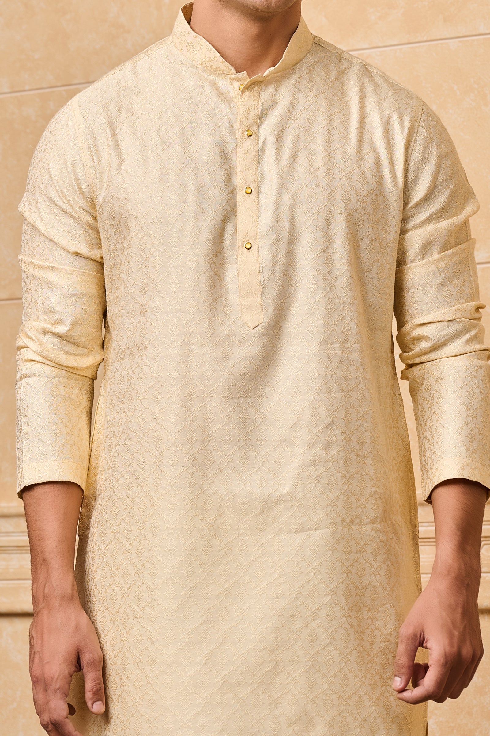 Cream Floral Jacquard Kurta Set