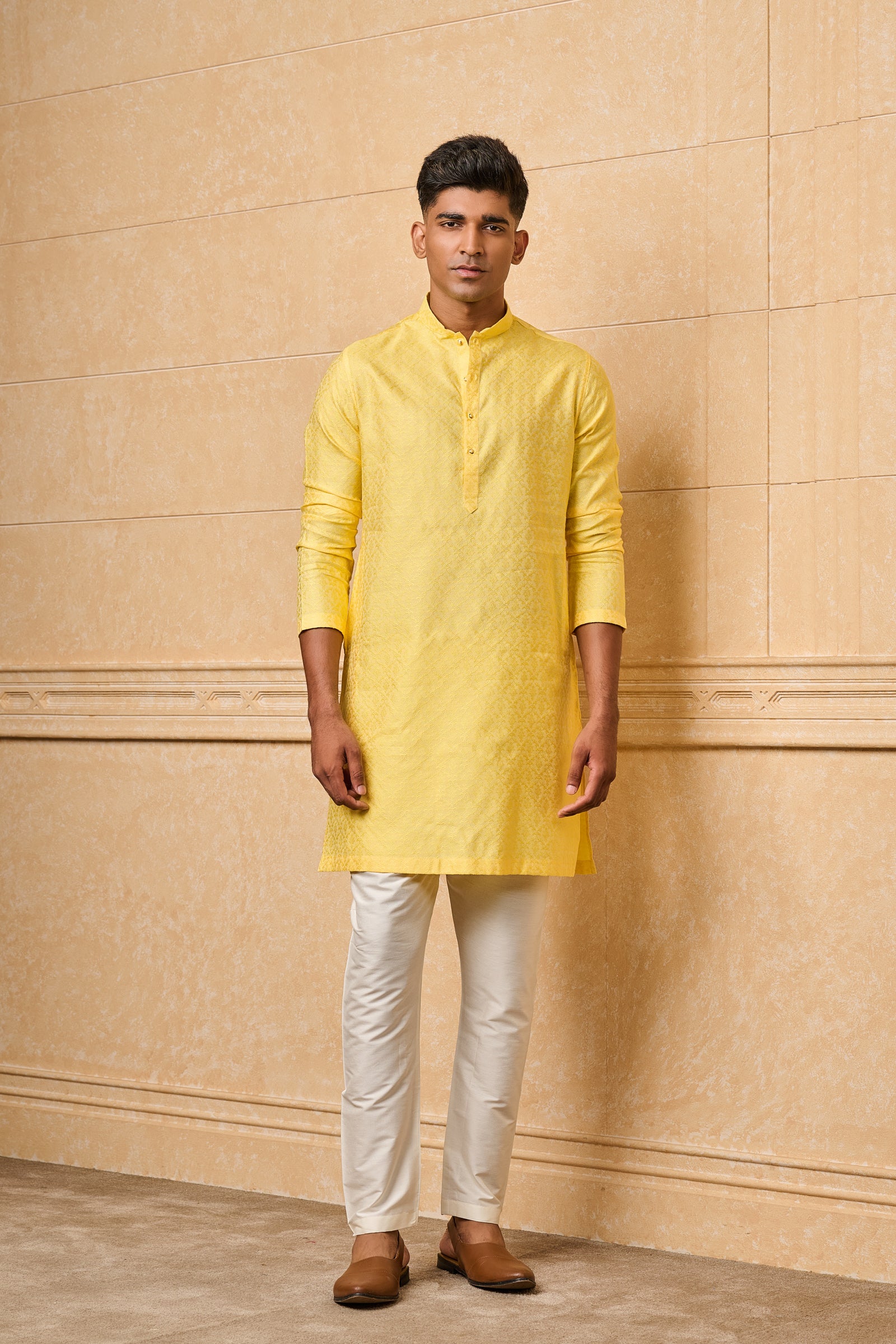 Yellow Floral Jacquard Kurta Set