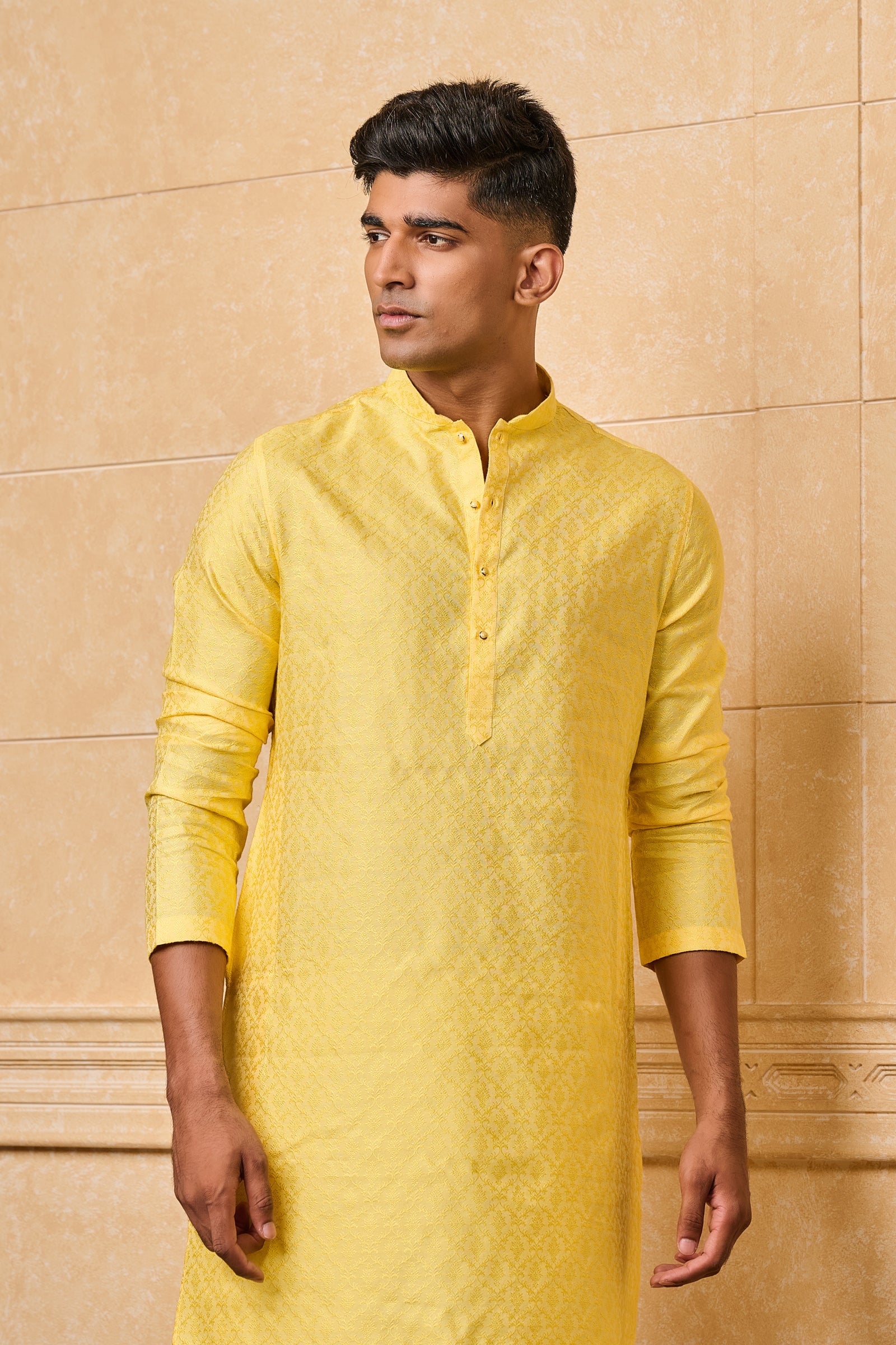 Yellow Floral Jacquard Kurta Set