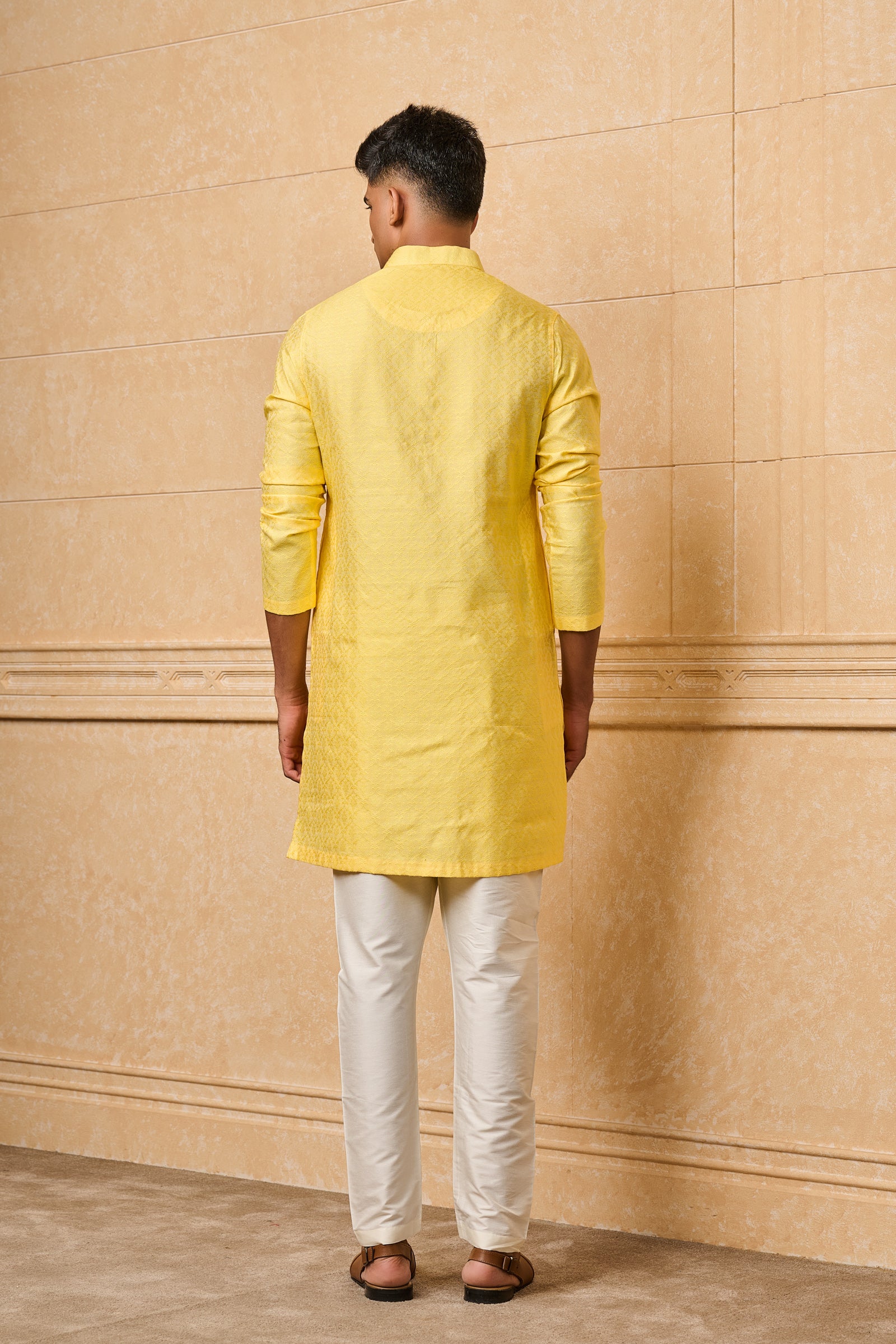 Yellow Floral Jacquard Kurta Set