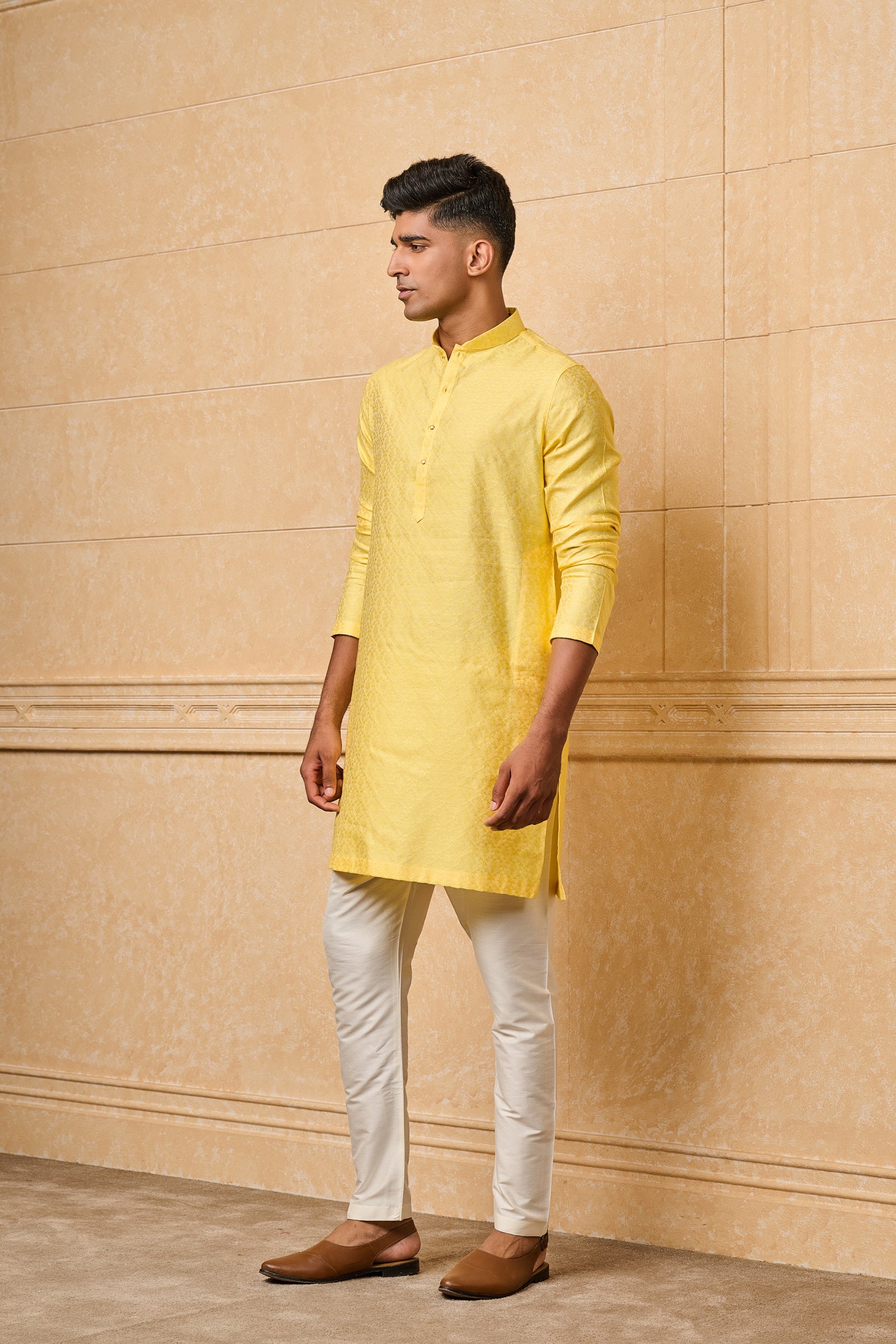 Yellow Floral Jacquard Kurta Set