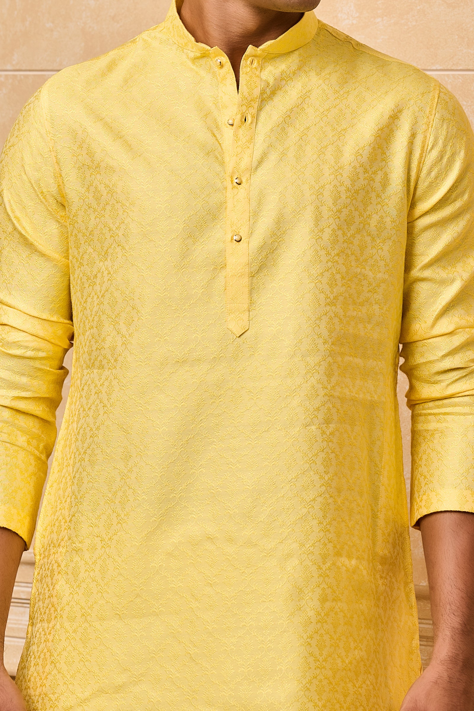 Yellow Floral Jacquard Kurta Set