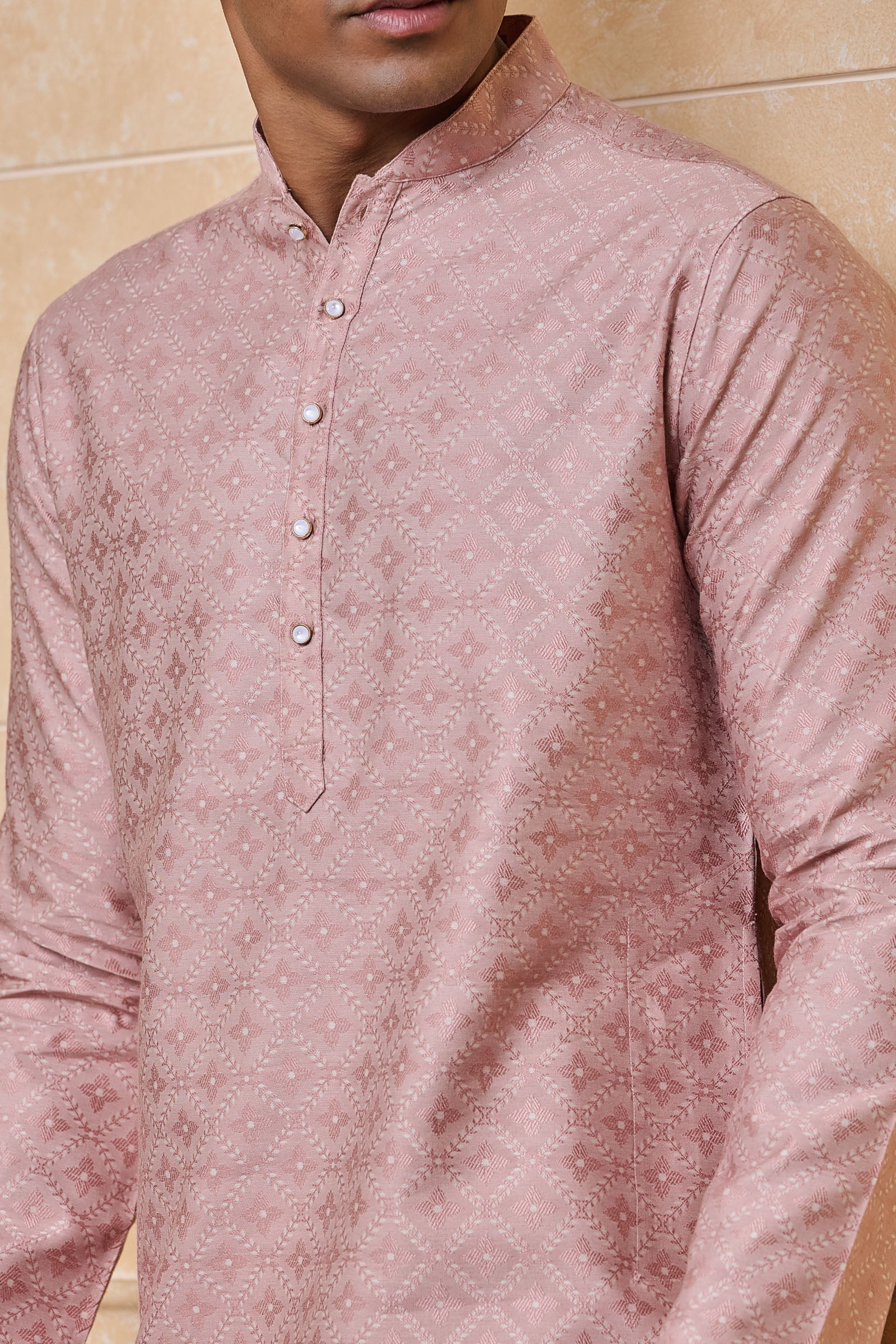 Pink Jacquard Kurta Set With Top Stitch Detailing