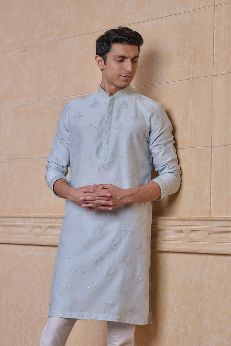 Light Blue All Over Chanderi Embroidered Kurta Set