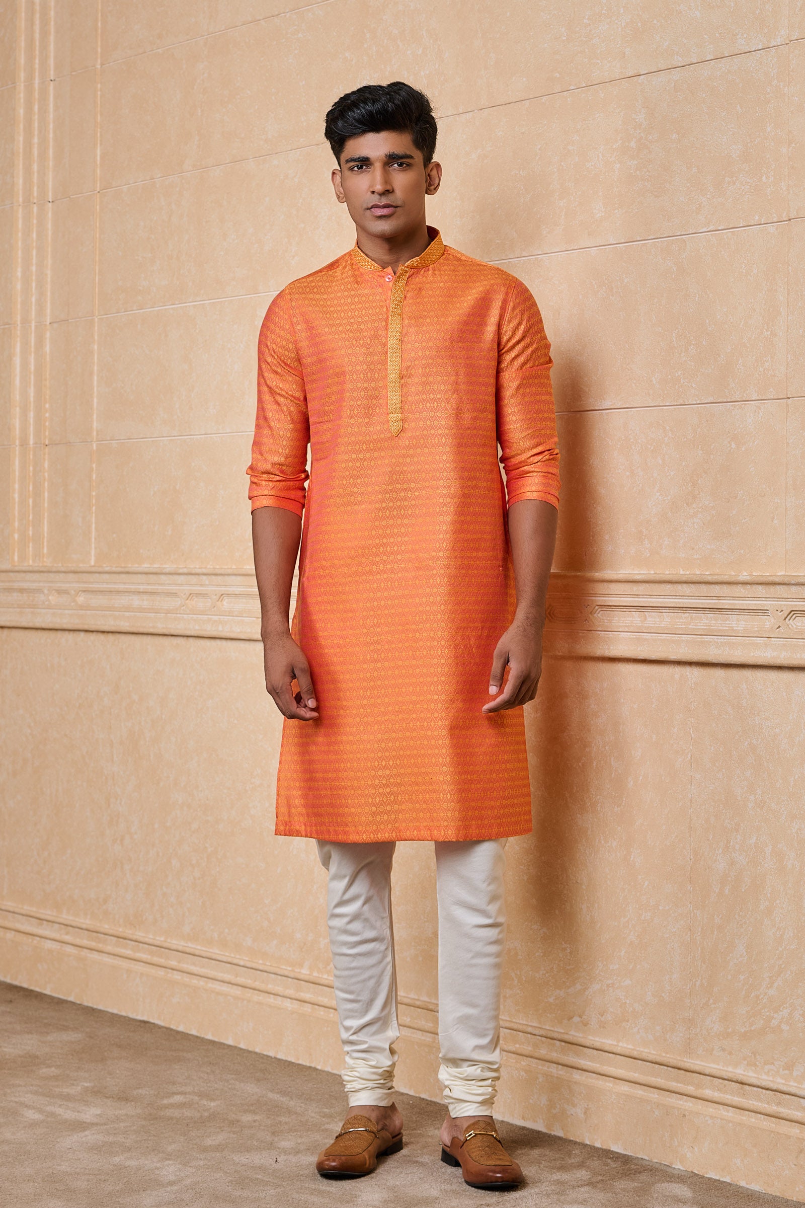 Orange Jacquard Kurta With Top Stitch Detailing