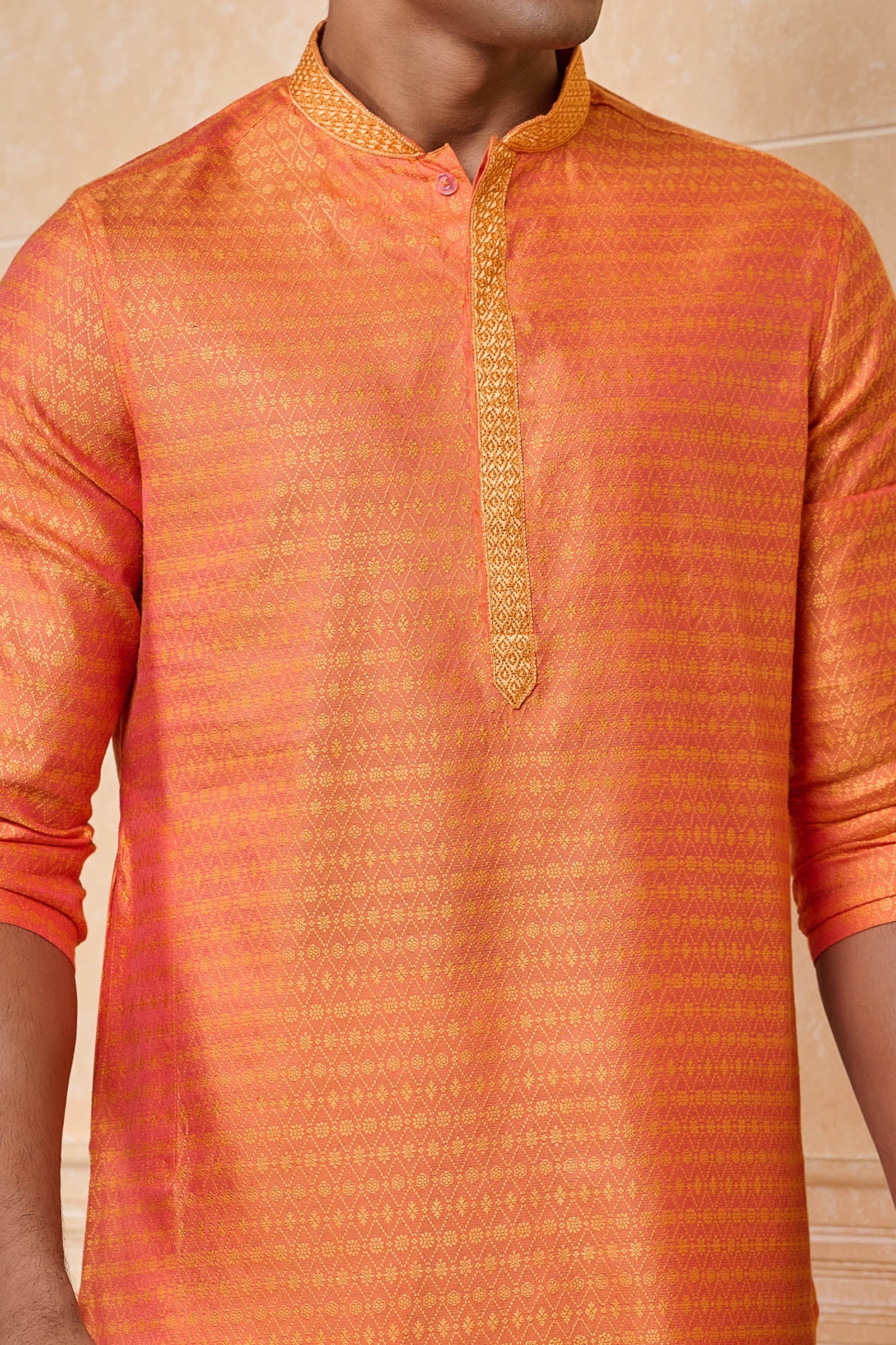 Orange Jacquard Kurta With Top Stitch Detailing