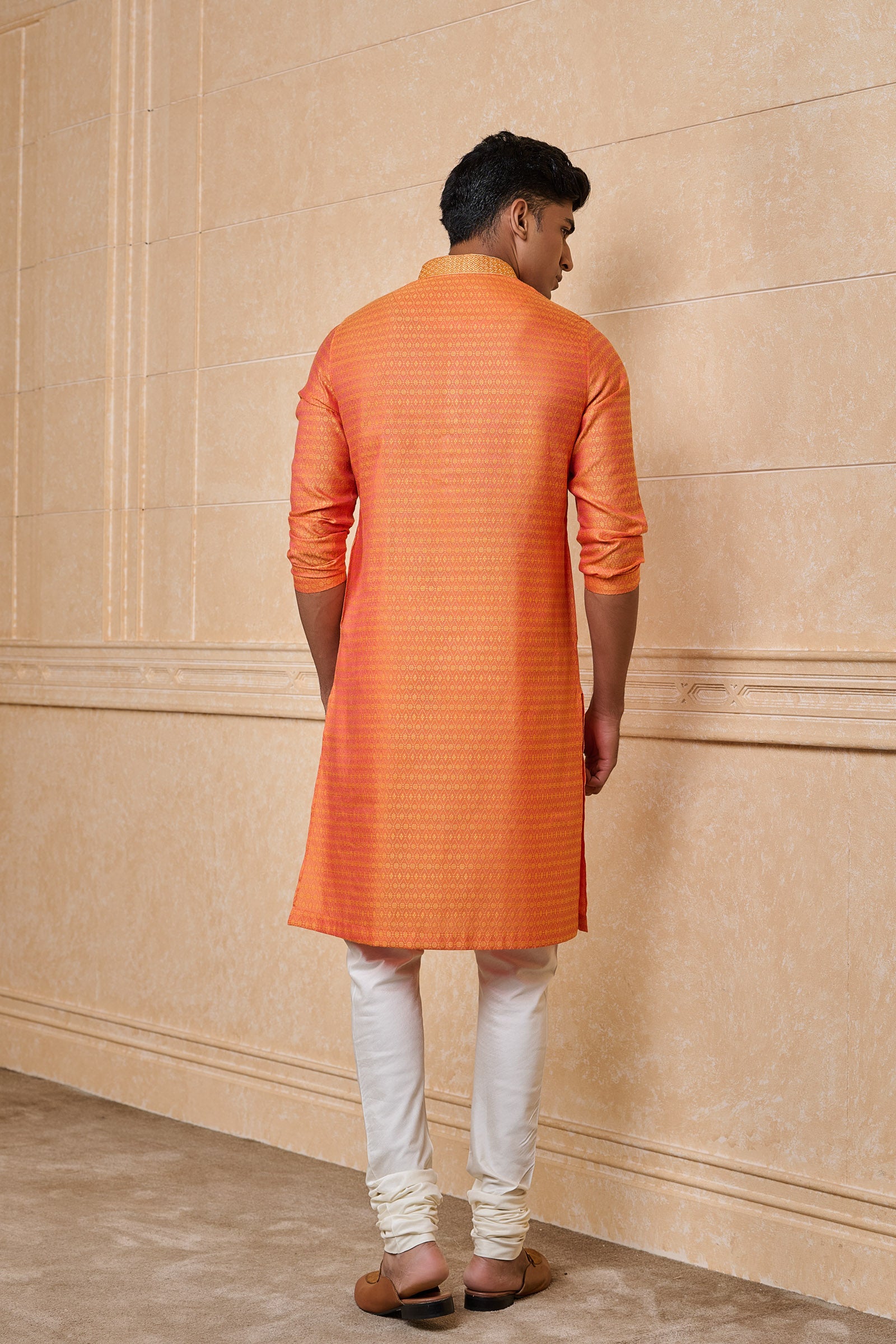 Orange Jacquard Kurta With Top Stitch Detailing