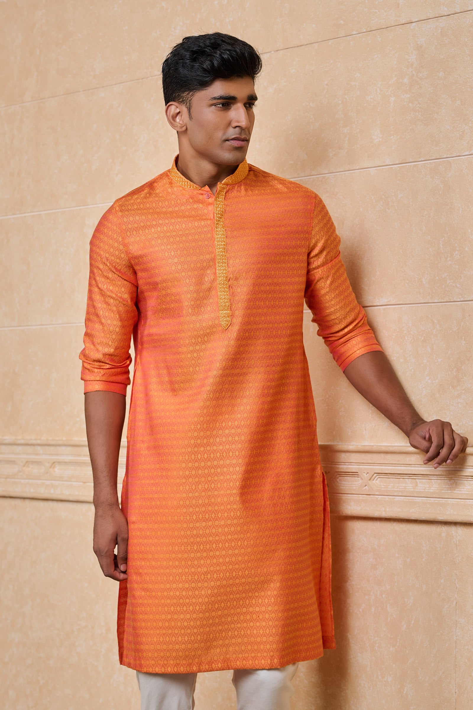 Orange Jacquard Kurta With Top Stitch Detailing