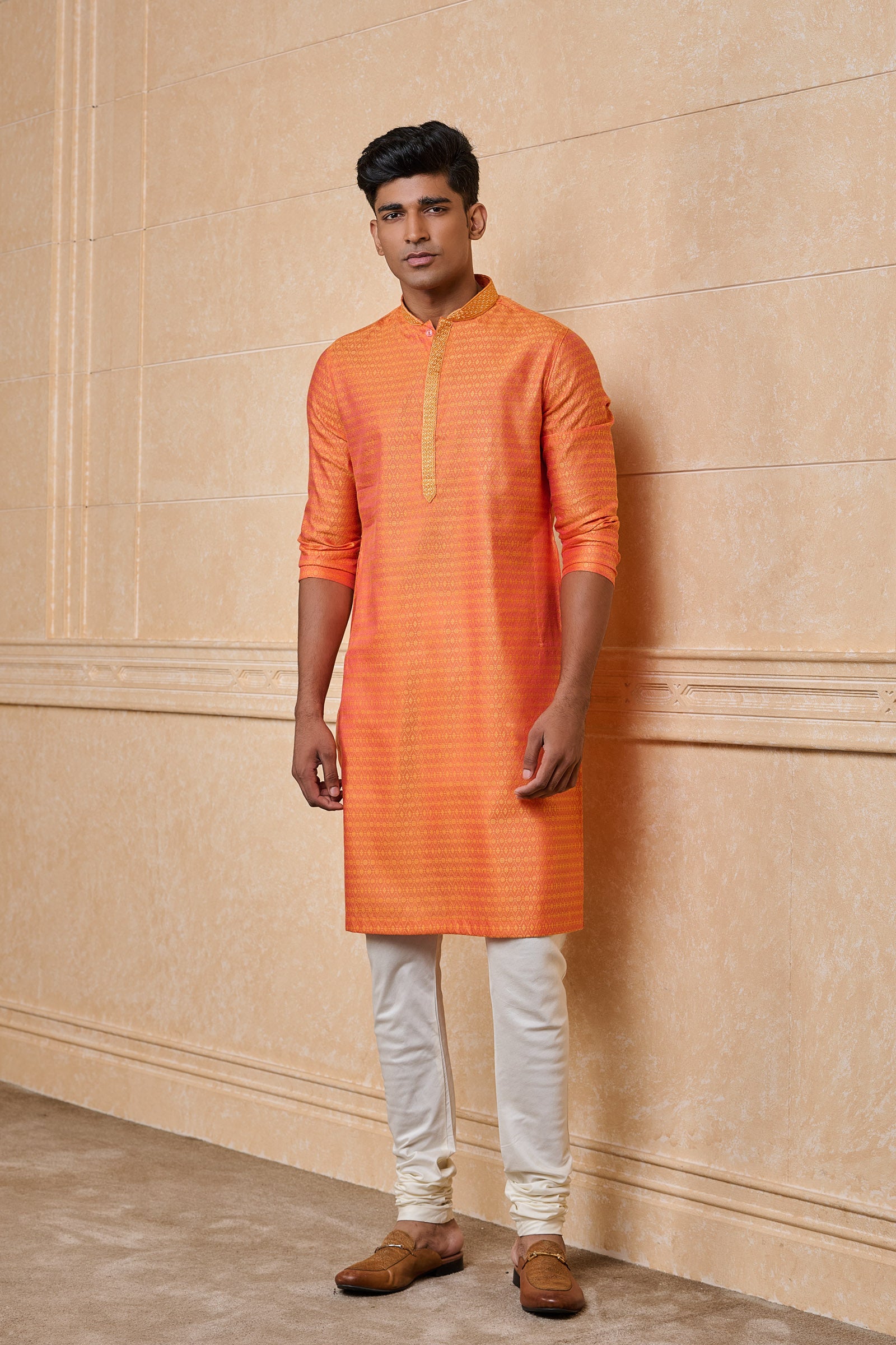 Orange Jacquard Kurta With Top Stitch Detailing