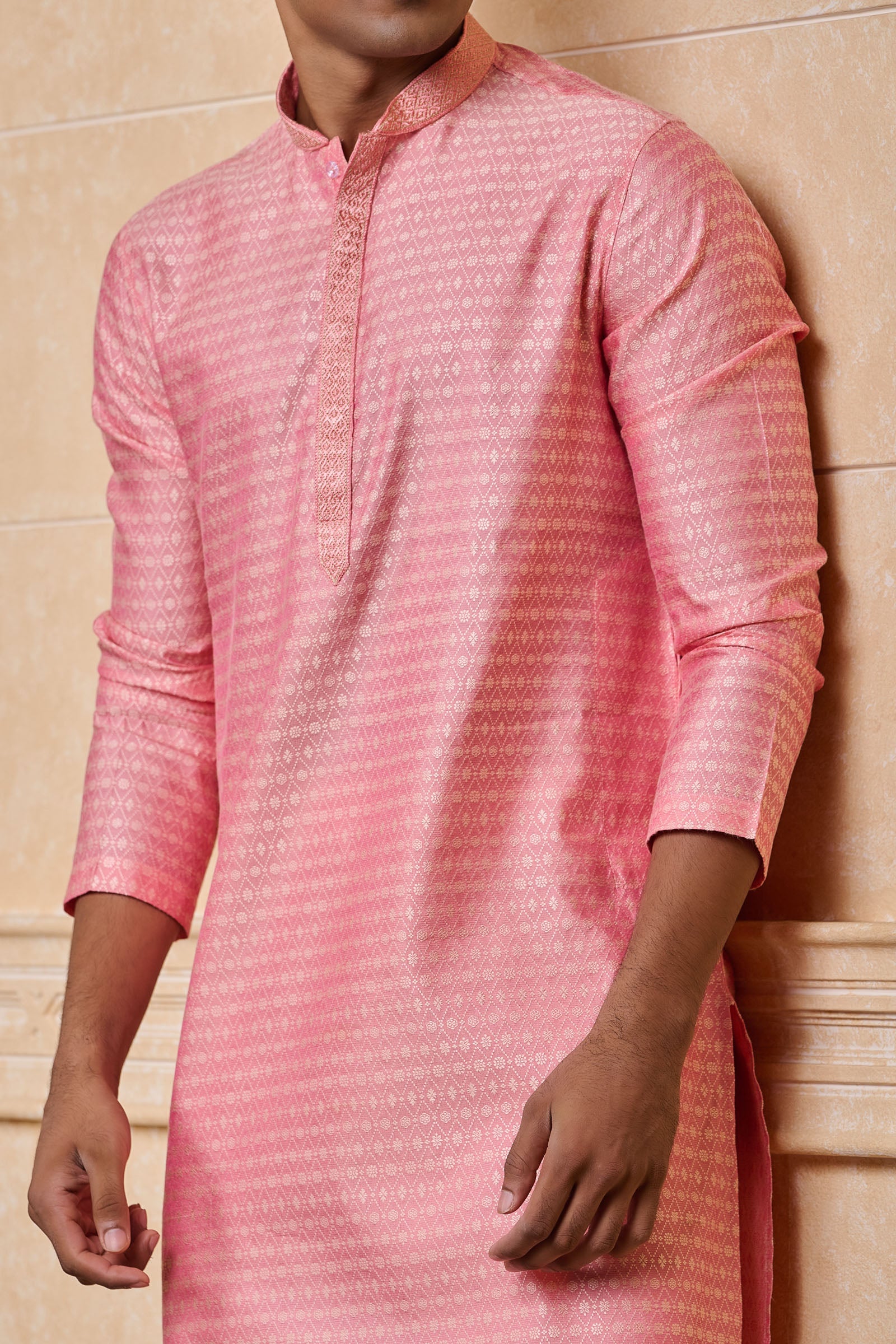 Pink Jacquard Kurta Set With Top Stitch Detailing