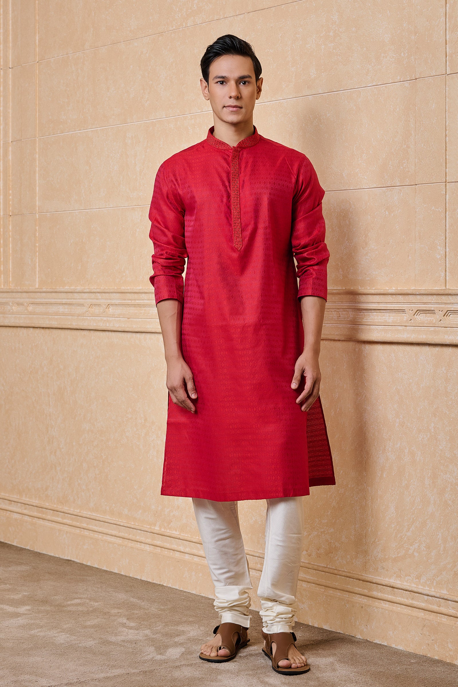 Red Jacquard Kurta With Top Stitch Detailing