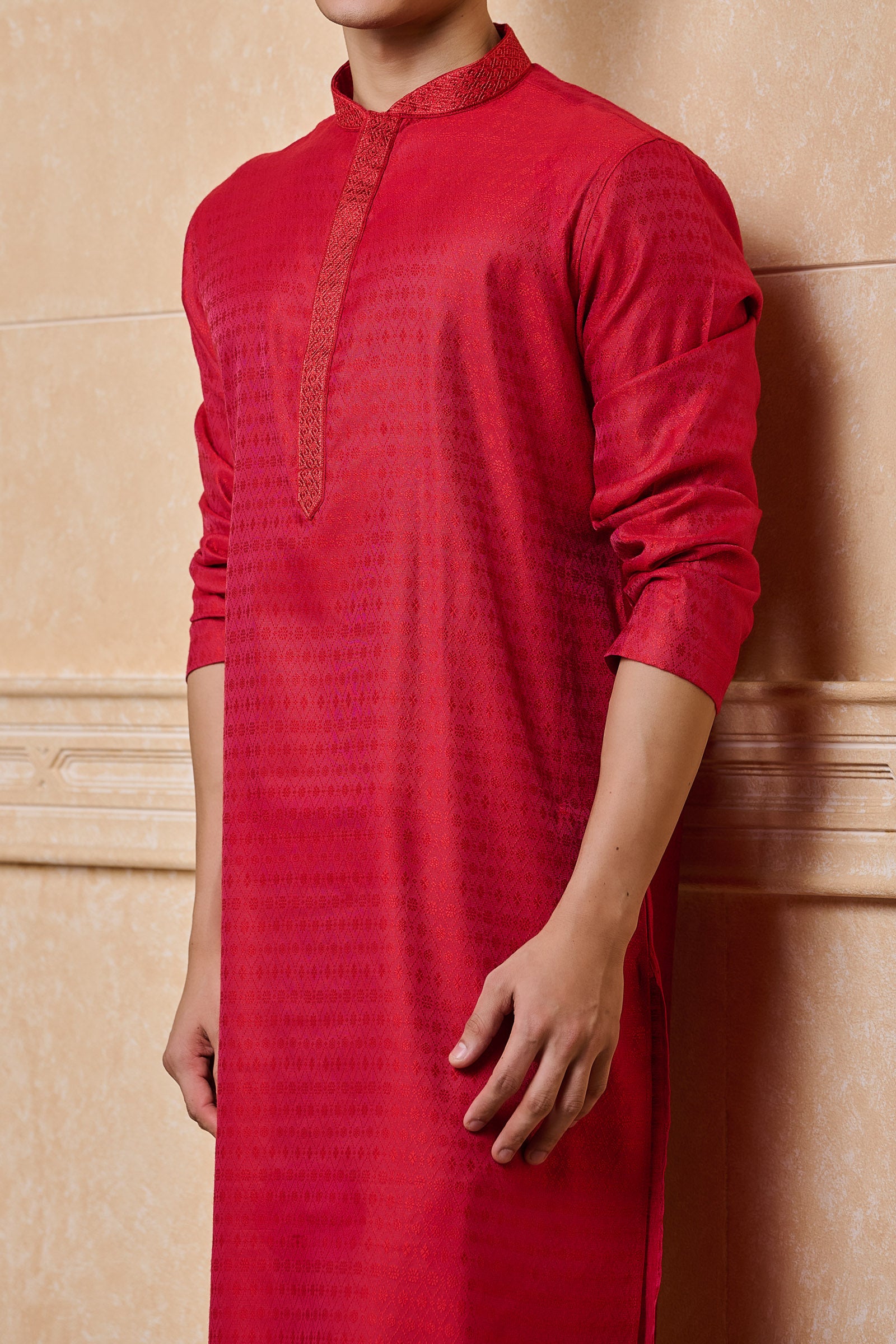 Red Jacquard Kurta With Top Stitch Detailing