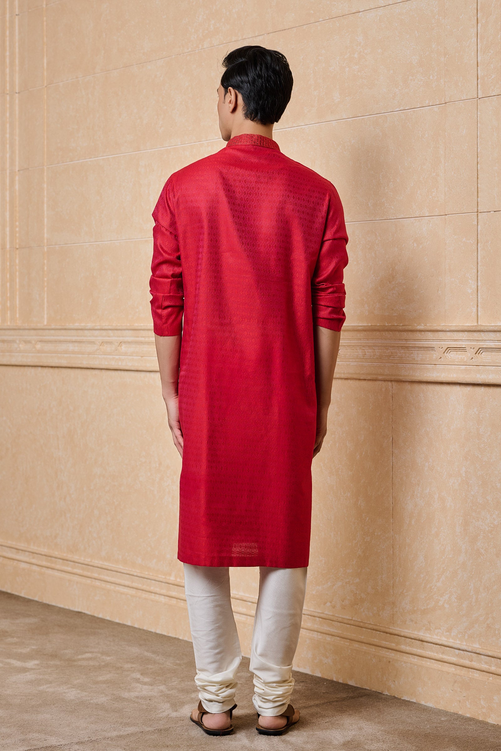 Red Jacquard Kurta With Top Stitch Detailing