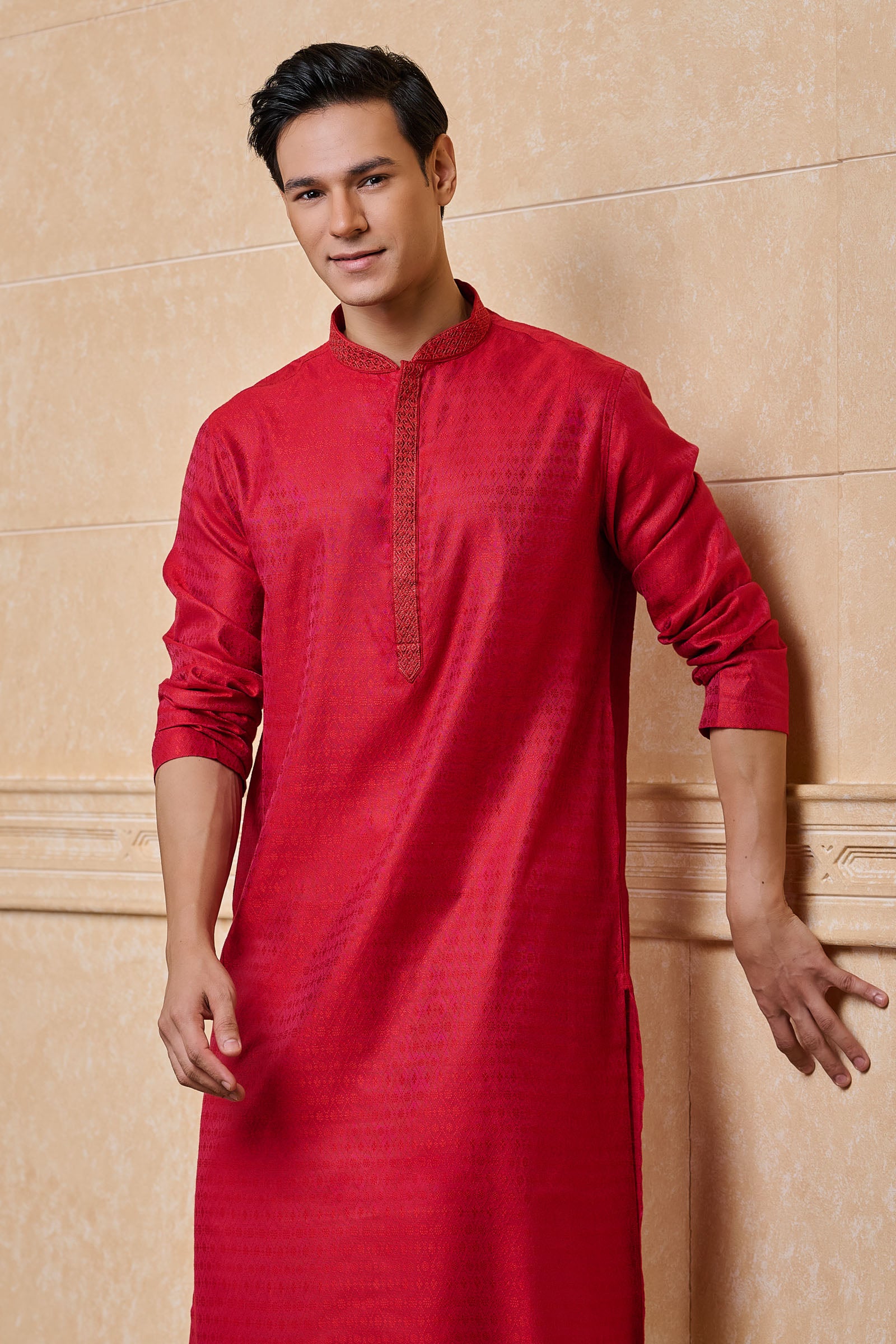 Red Jacquard Kurta With Top Stitch Detailing