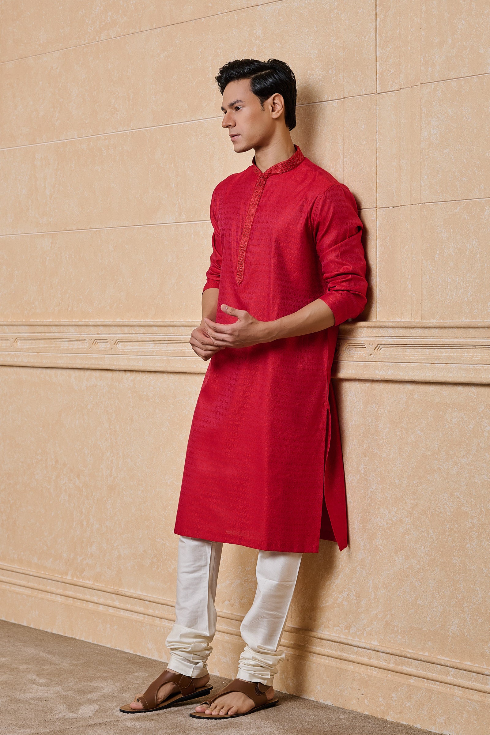 Red Jacquard Kurta With Top Stitch Detailing