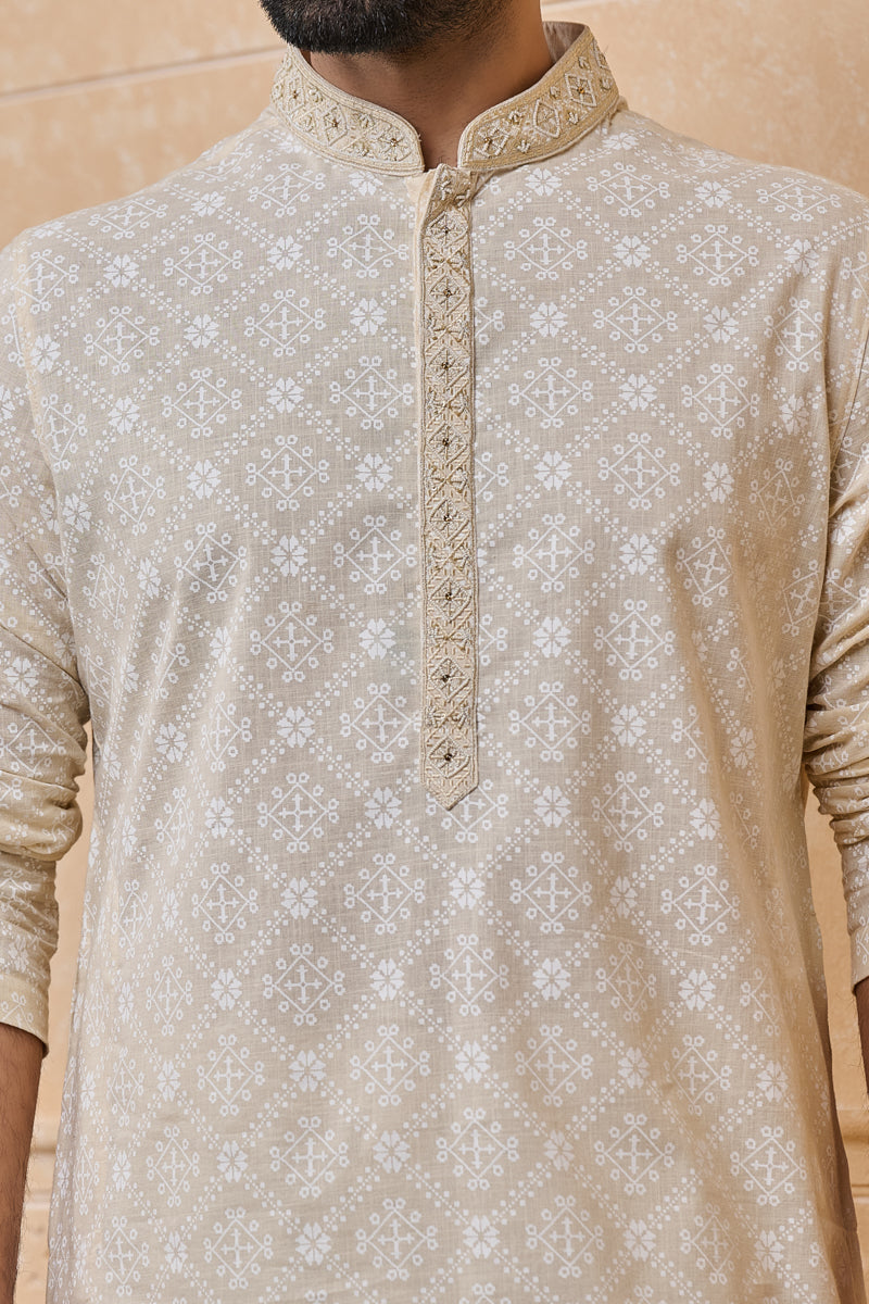 Beige Printed Kurta Set With Embroidery Highlight