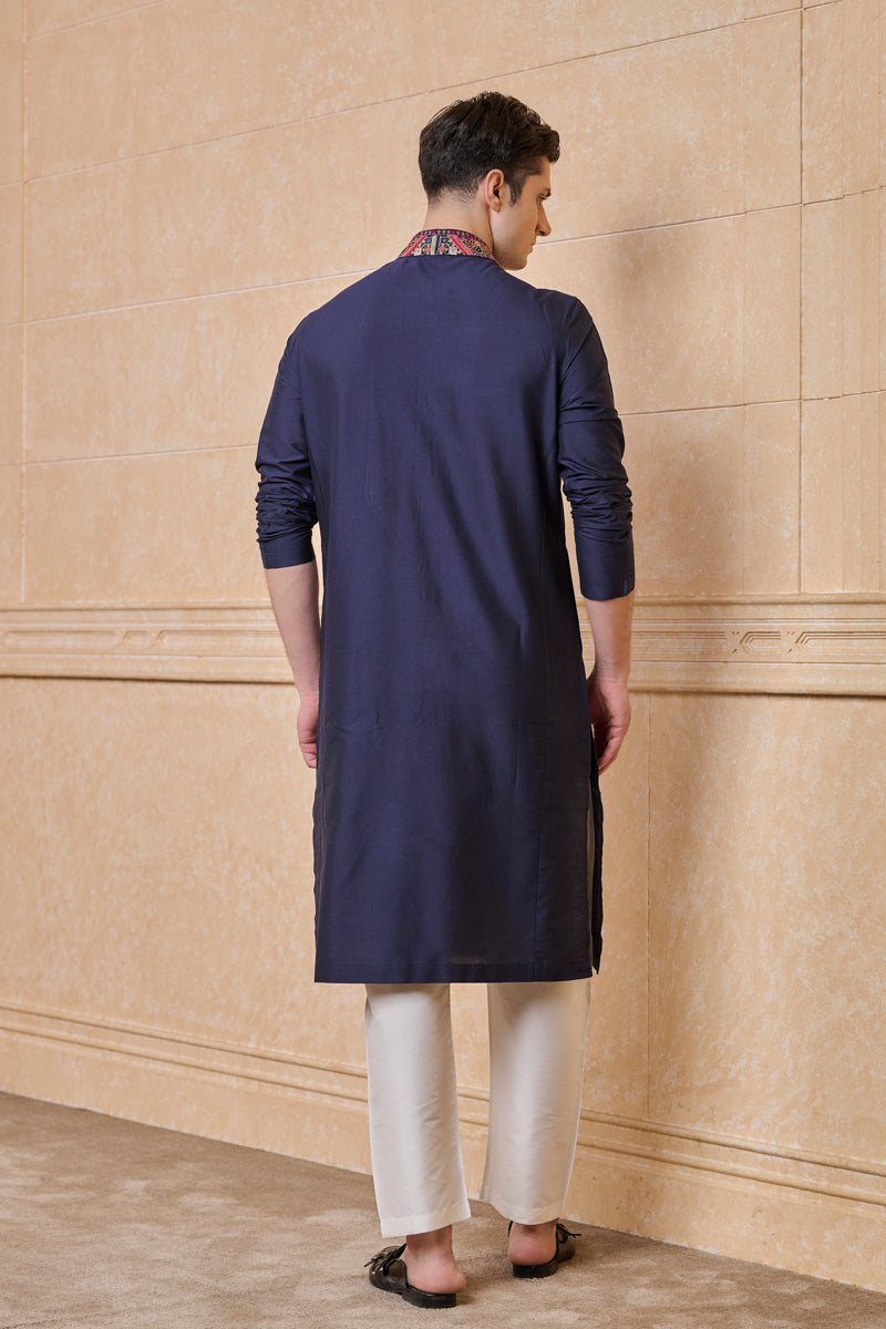 Navy Kurta Set With Embroidered Collar & Placket