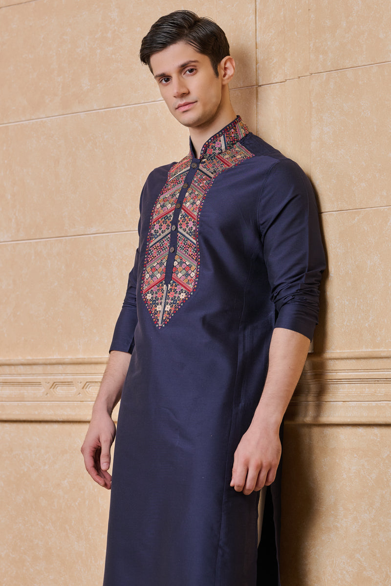 Navy Kurta Set With Embroidered Collar & Placket