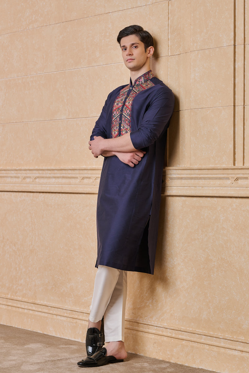 Navy Kurta Set With Embroidered Collar & Placket