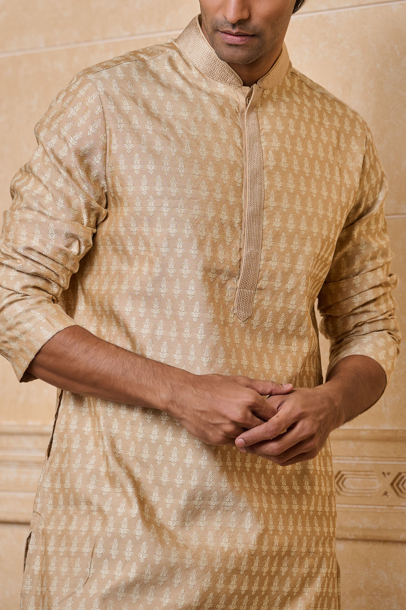 Gold Jacquard Kurta Set With Top Stitch Detailing