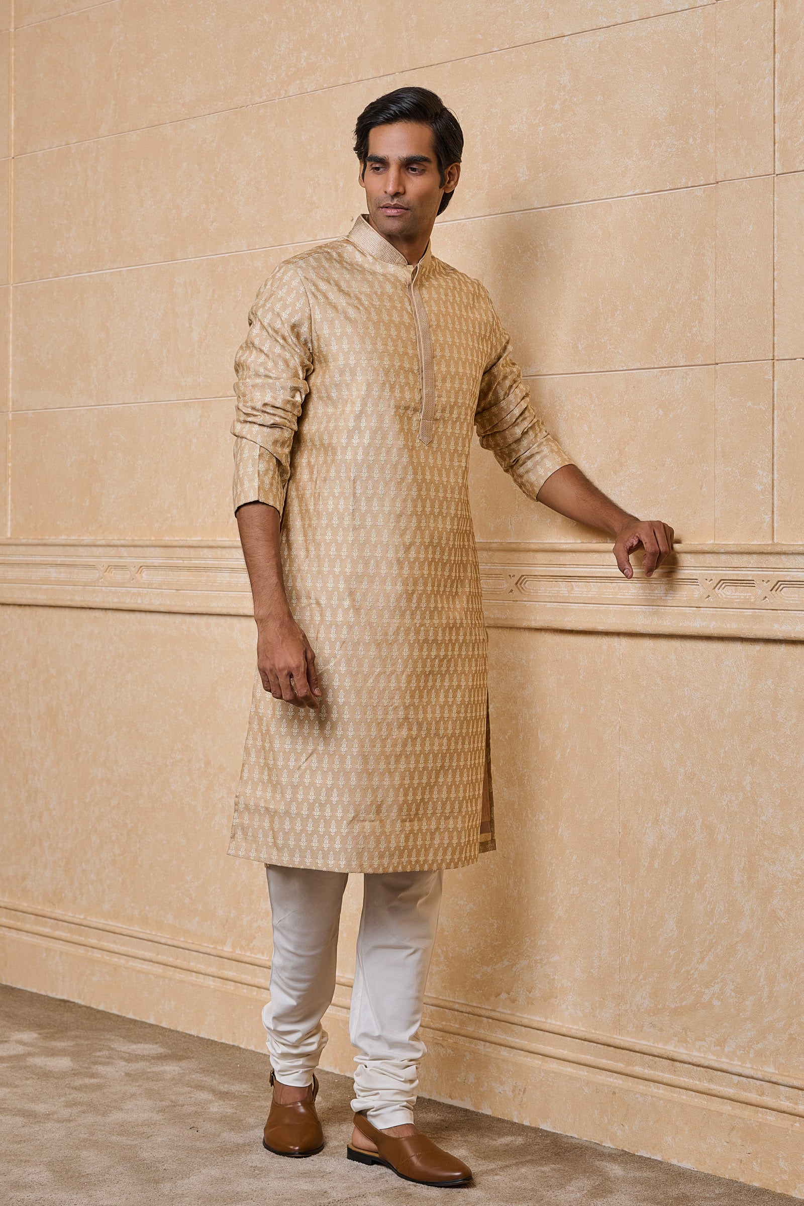 Gold Jacquard Kurta Set With Top Stitch Detailing