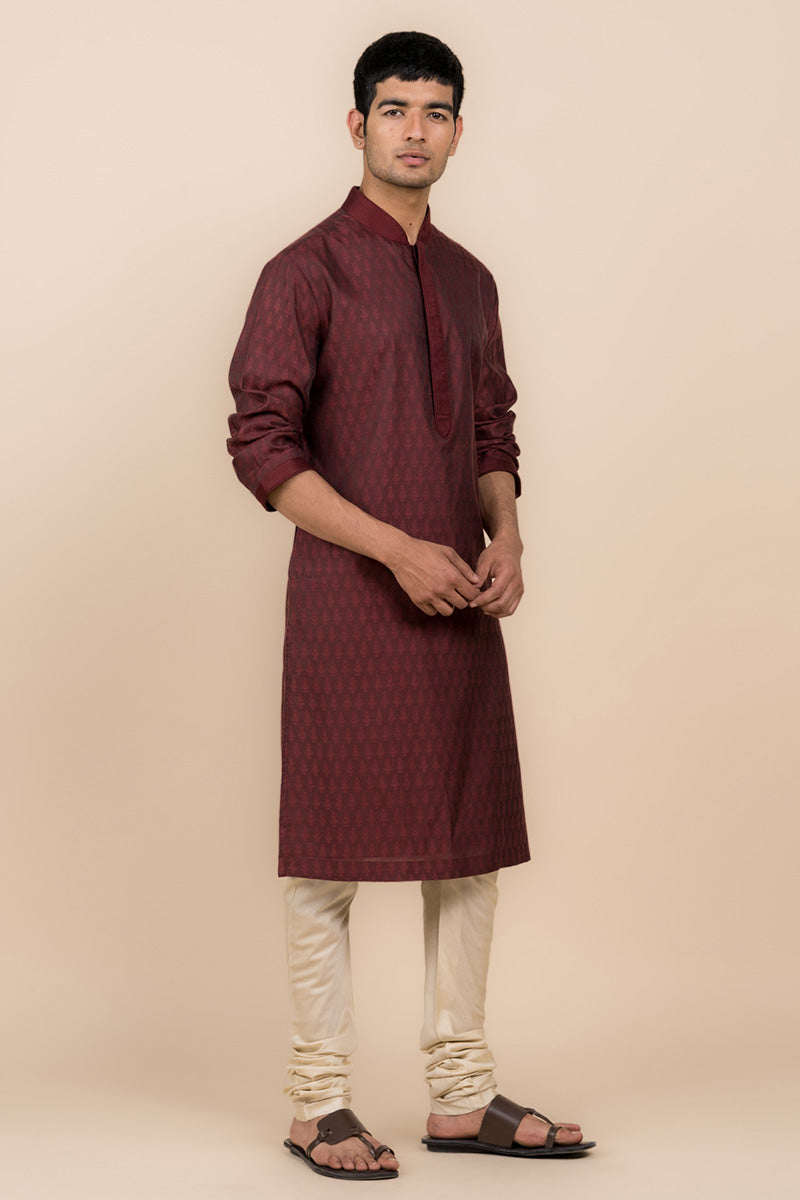 Wine Jacquard Kurta Set With Top Stitch Detailing