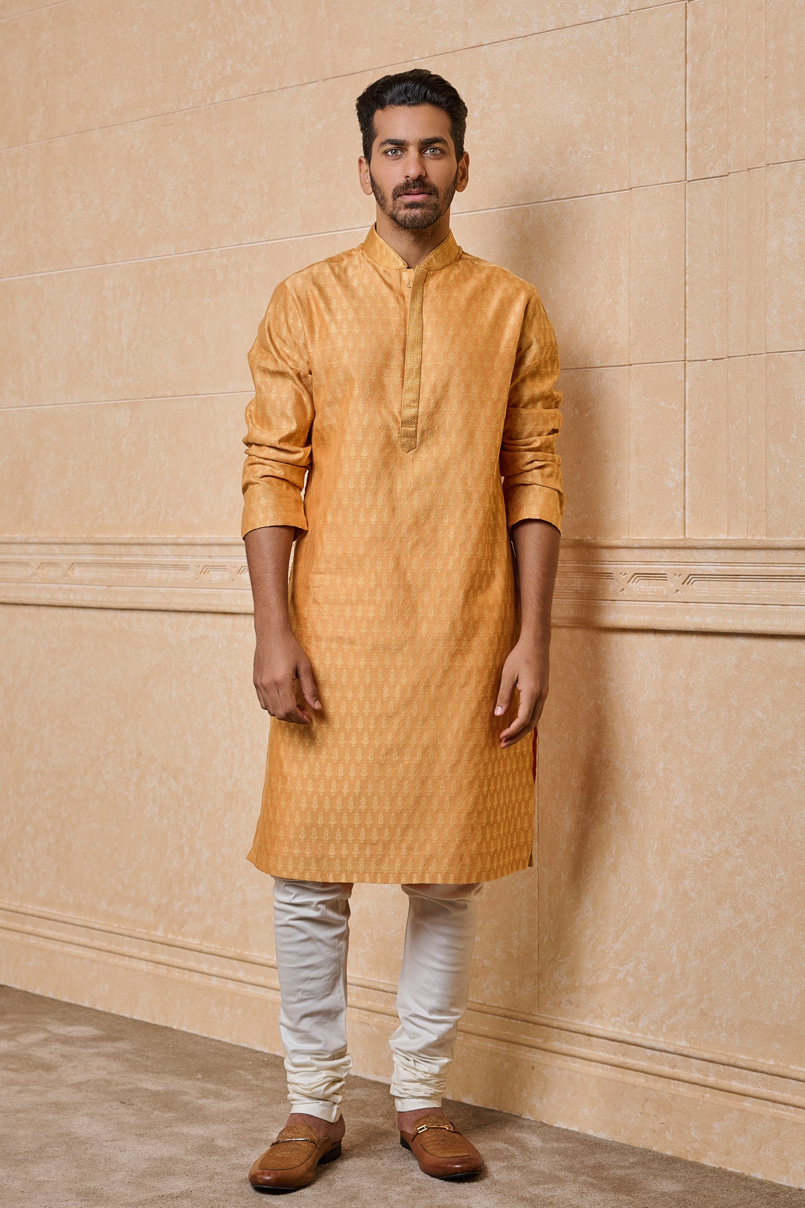 Yellow Jacquard Kurta Set With Top Stitch Detailing