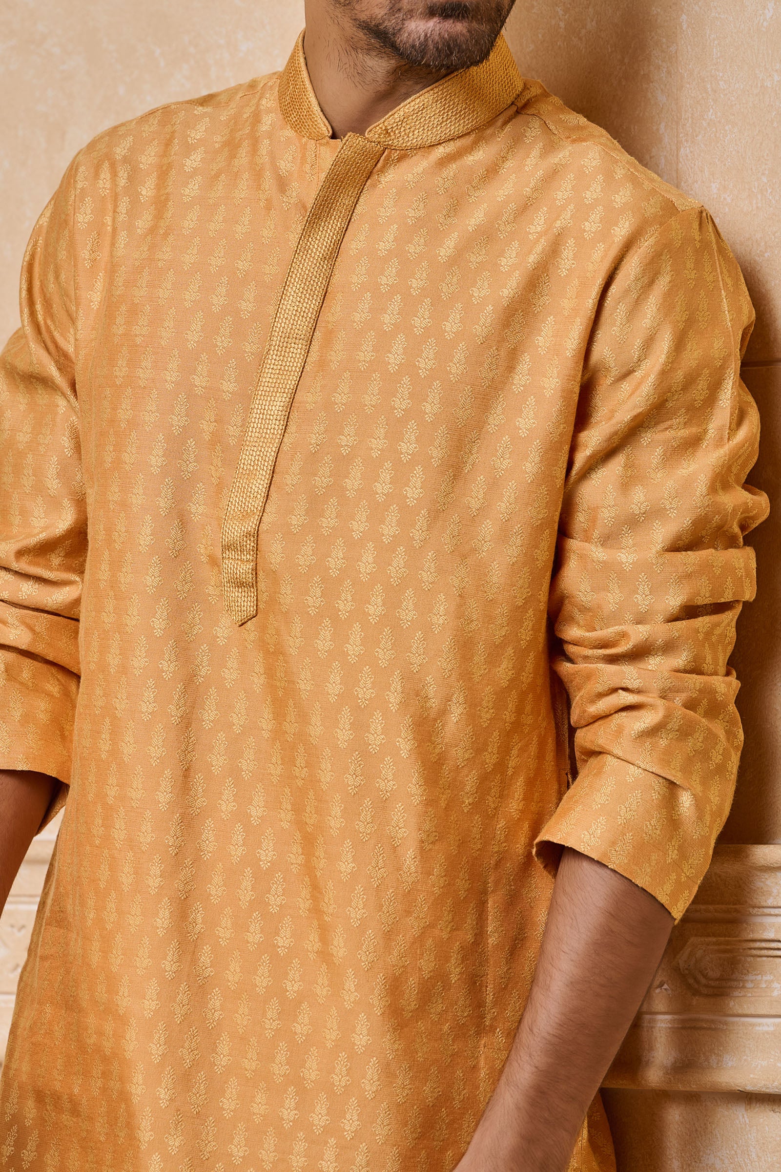 Yellow Jacquard Kurta Set With Top Stitch Detailing