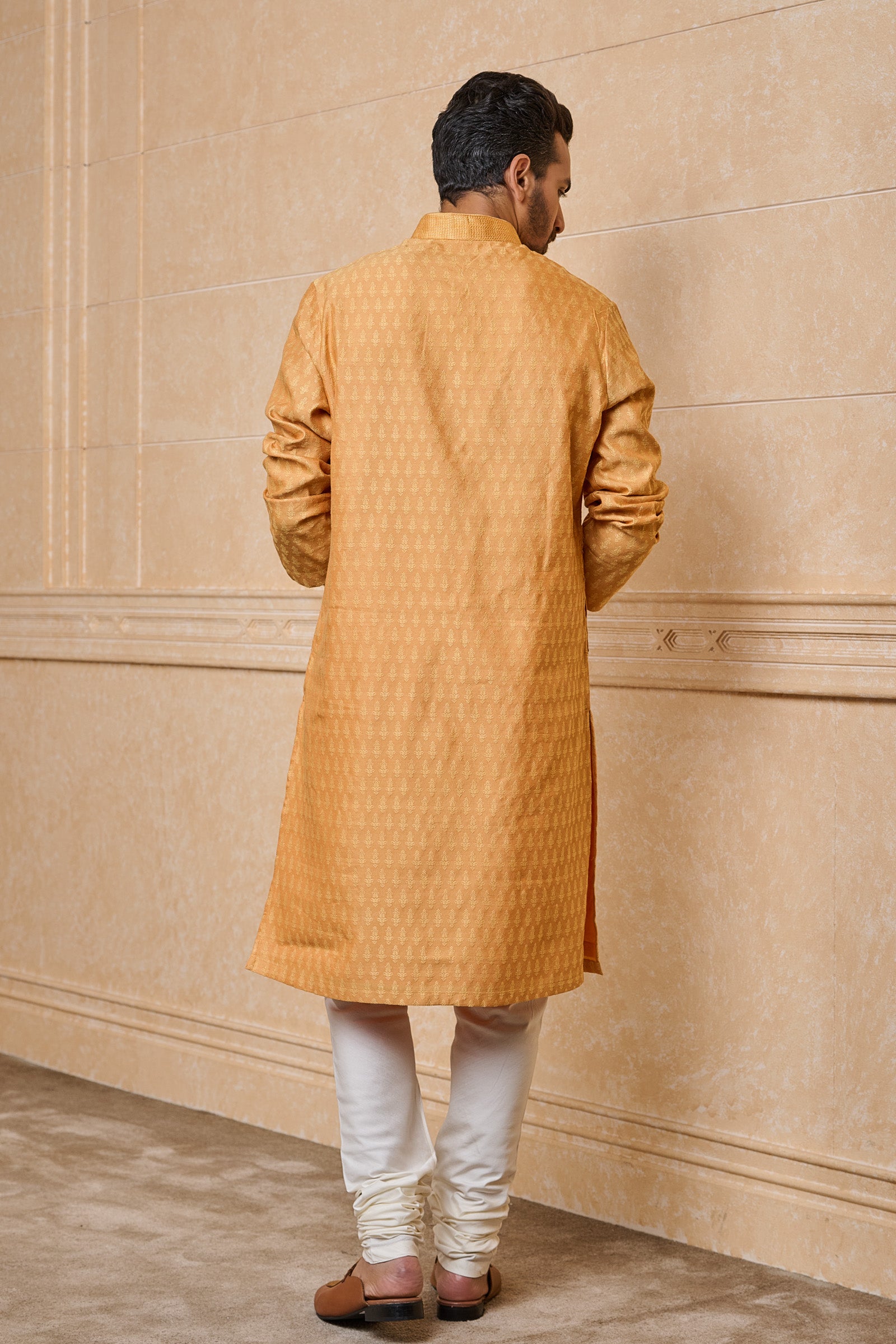 Yellow Jacquard Kurta Set With Top Stitch Detailing