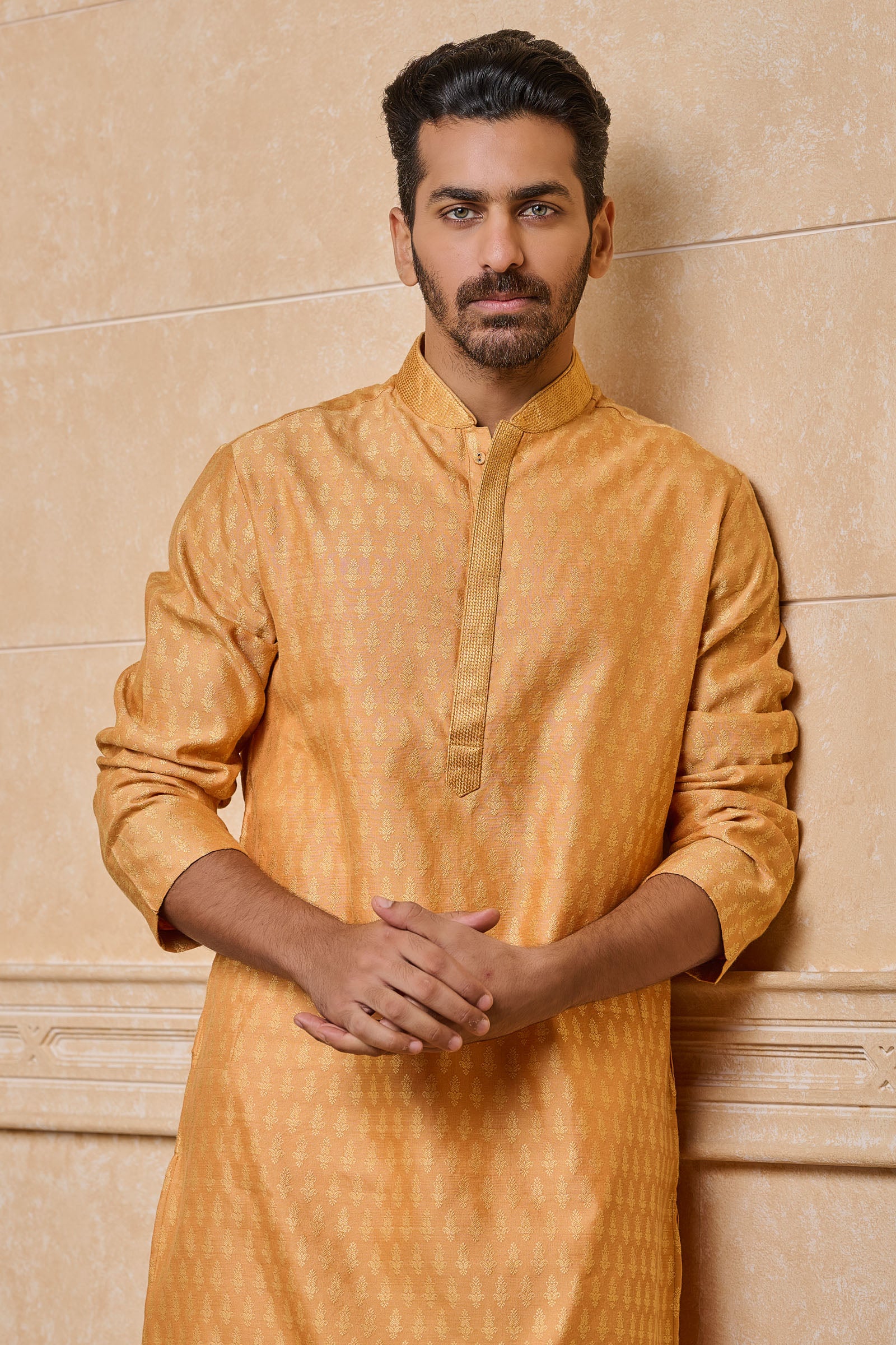 Yellow Jacquard Kurta Set With Top Stitch Detailing