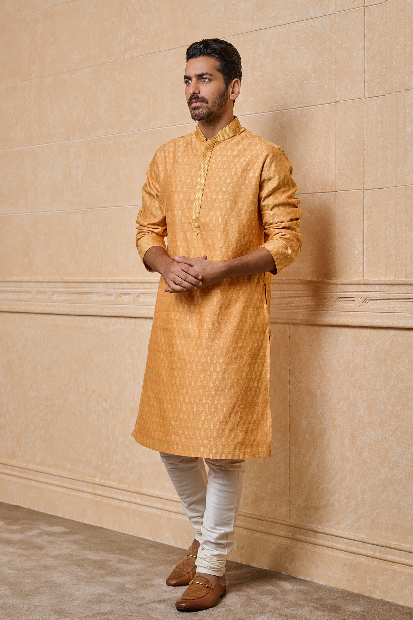 Yellow Jacquard Kurta Set With Top Stitch Detailing