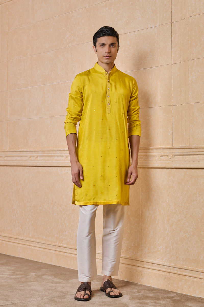 Yellow All Over Chanderi Embroidered Kurta Set