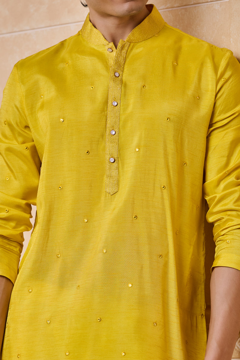 Yellow All Over Chanderi Embroidered Kurta Set