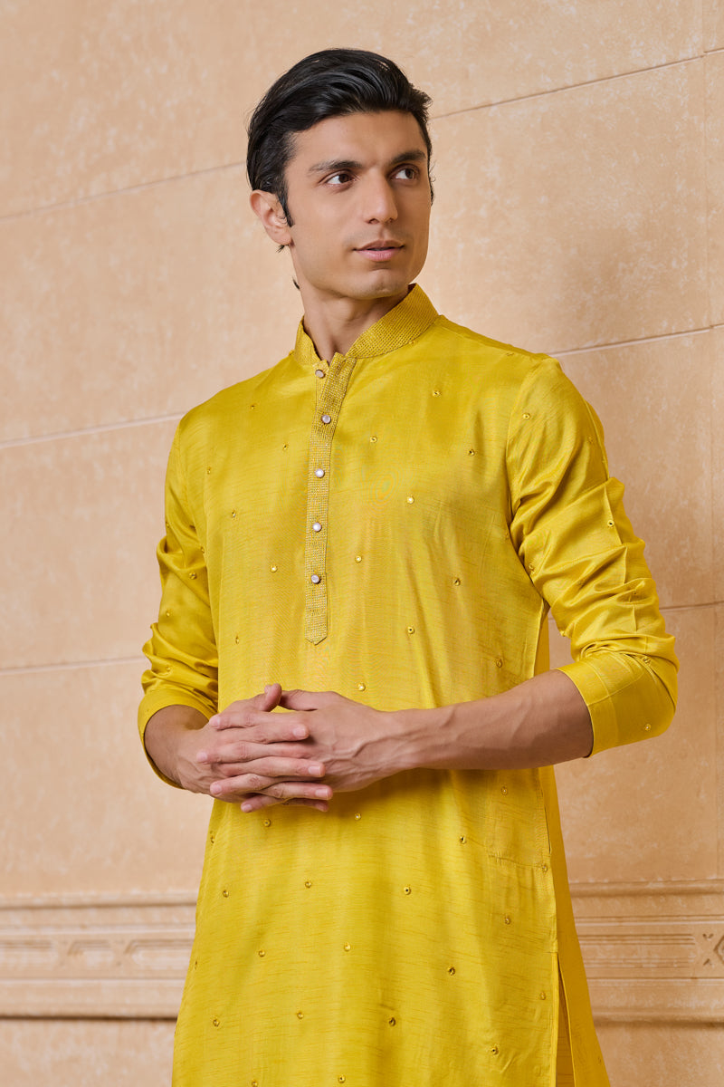 Yellow All Over Chanderi Embroidered Kurta Set