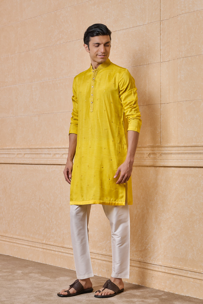 Yellow All Over Chanderi Embroidered Kurta Set