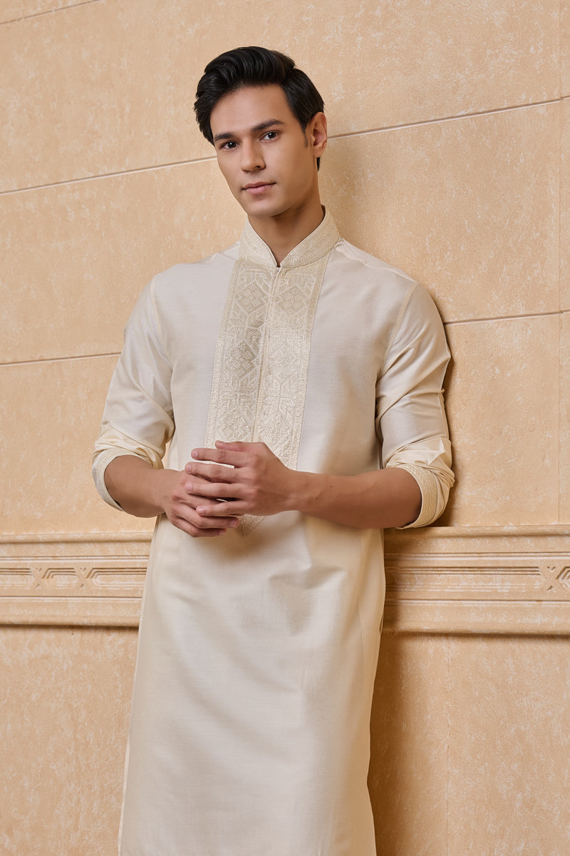 Ivory Kurta Set With Cross Stitch Yoke Detailing