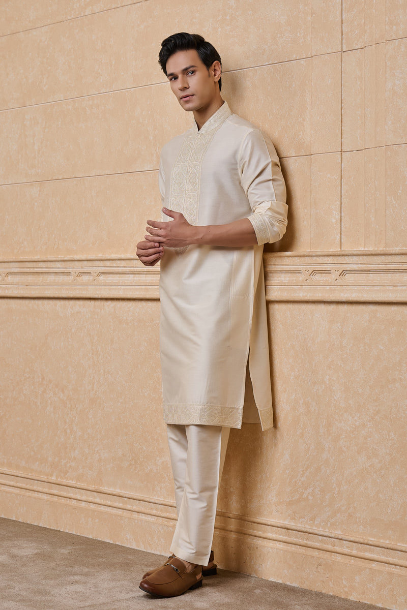 Ivory Kurta Set With Cross Stitch Yoke Detailing