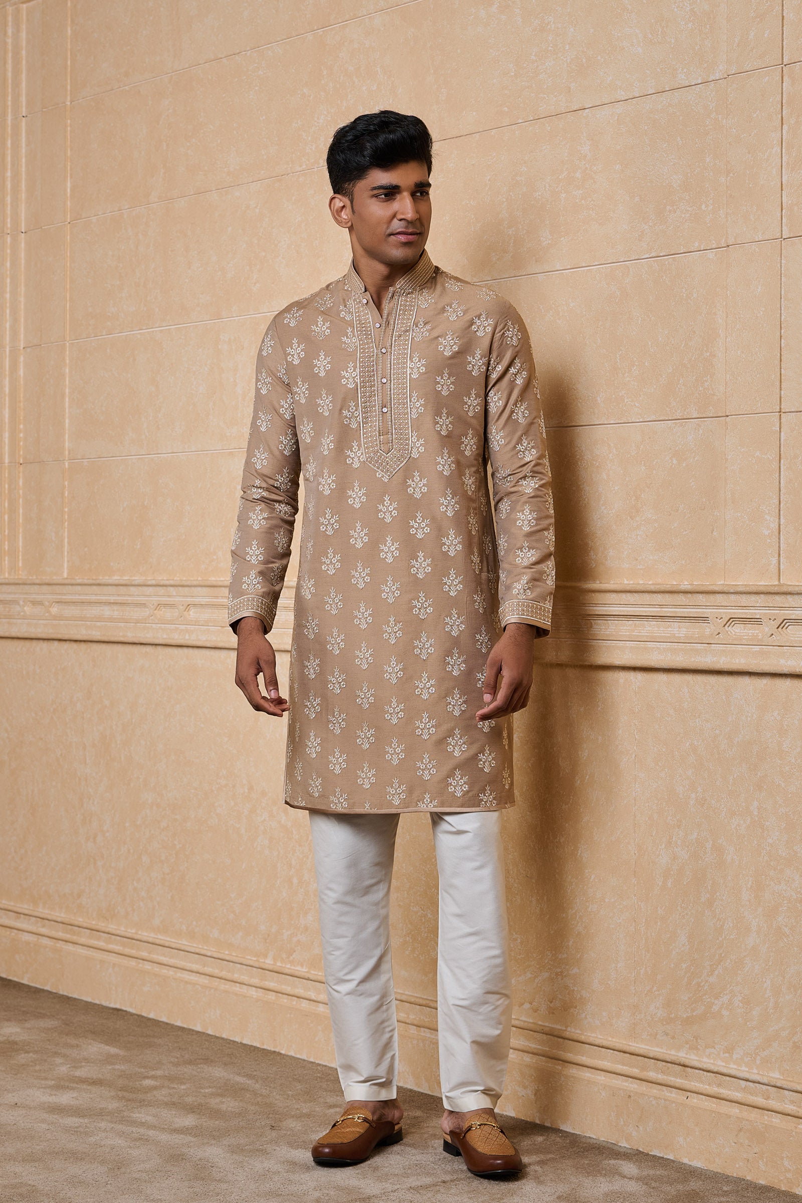 Beige All Over Embroidered Kurta Set