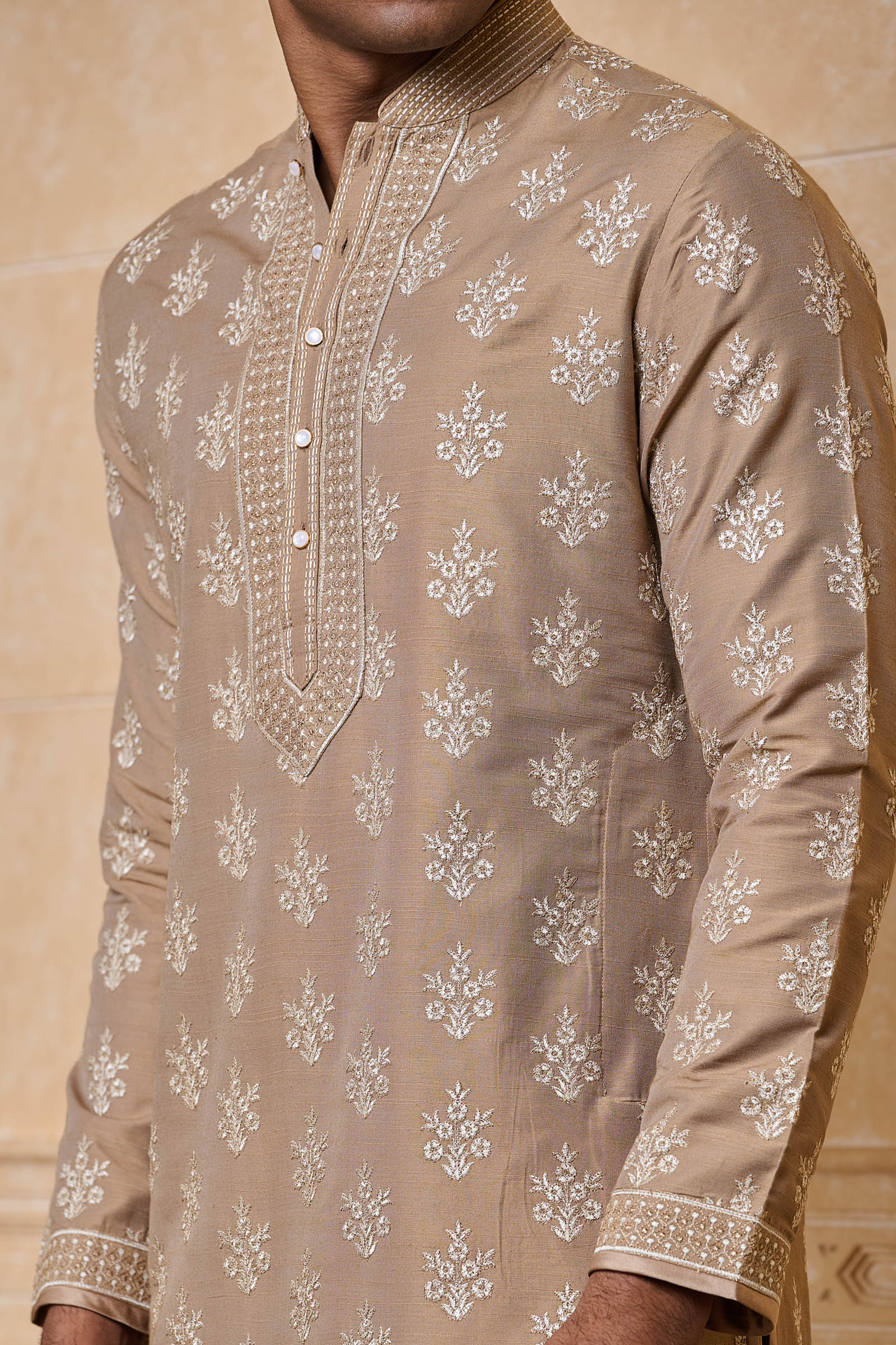 Beige All Over Embroidered Kurta Set