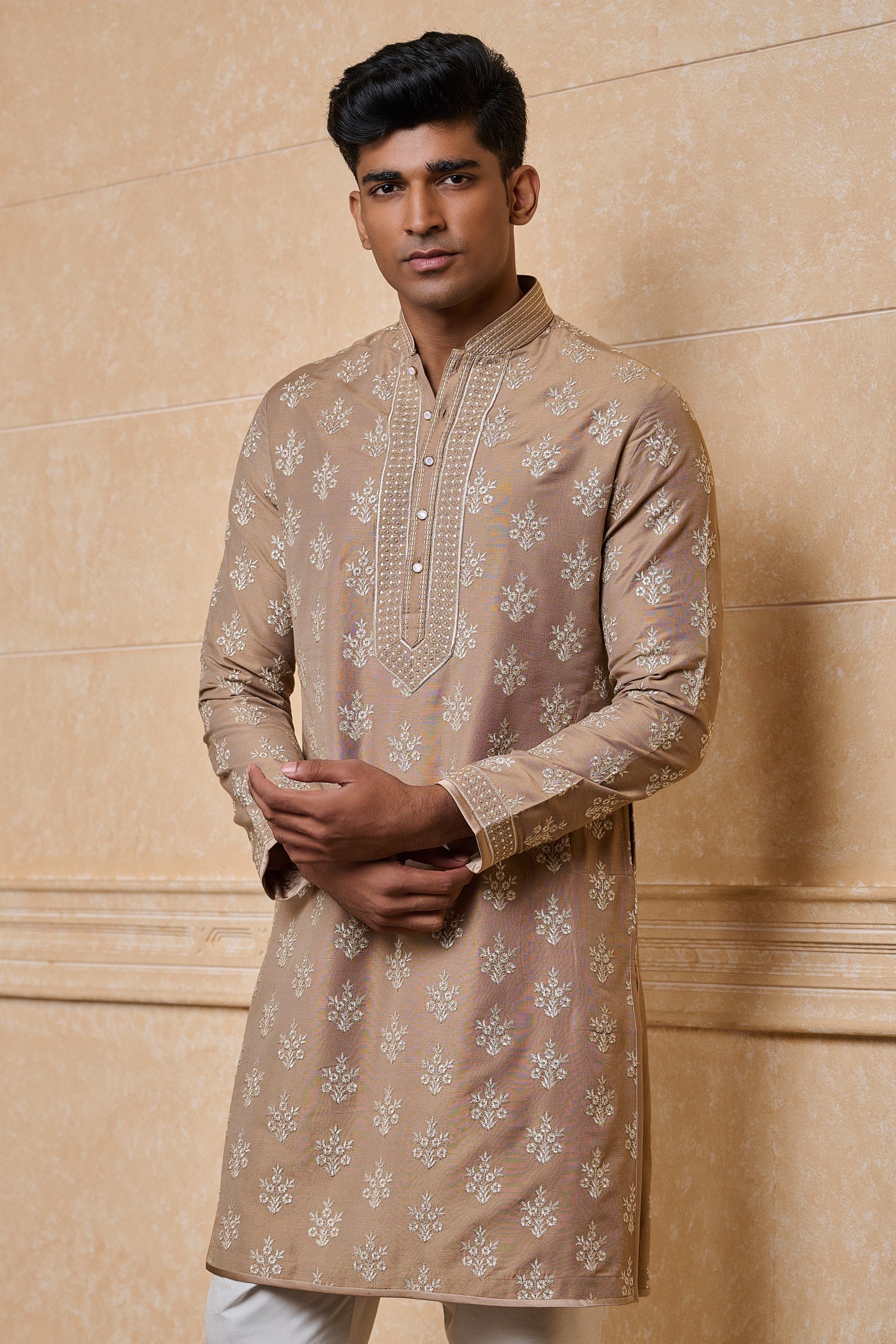 Beige All Over Embroidered Kurta Set