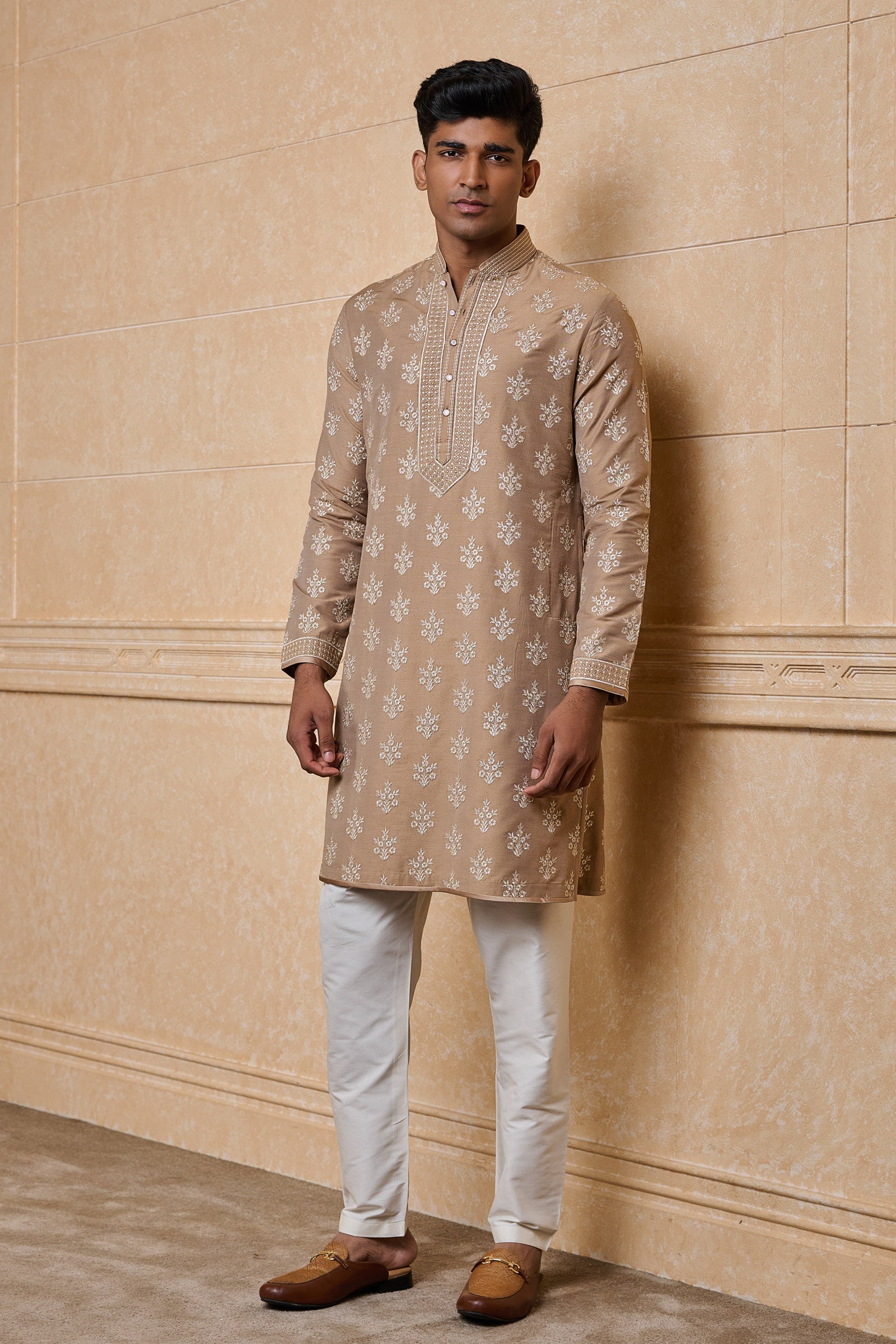 Beige All Over Embroidered Kurta Set