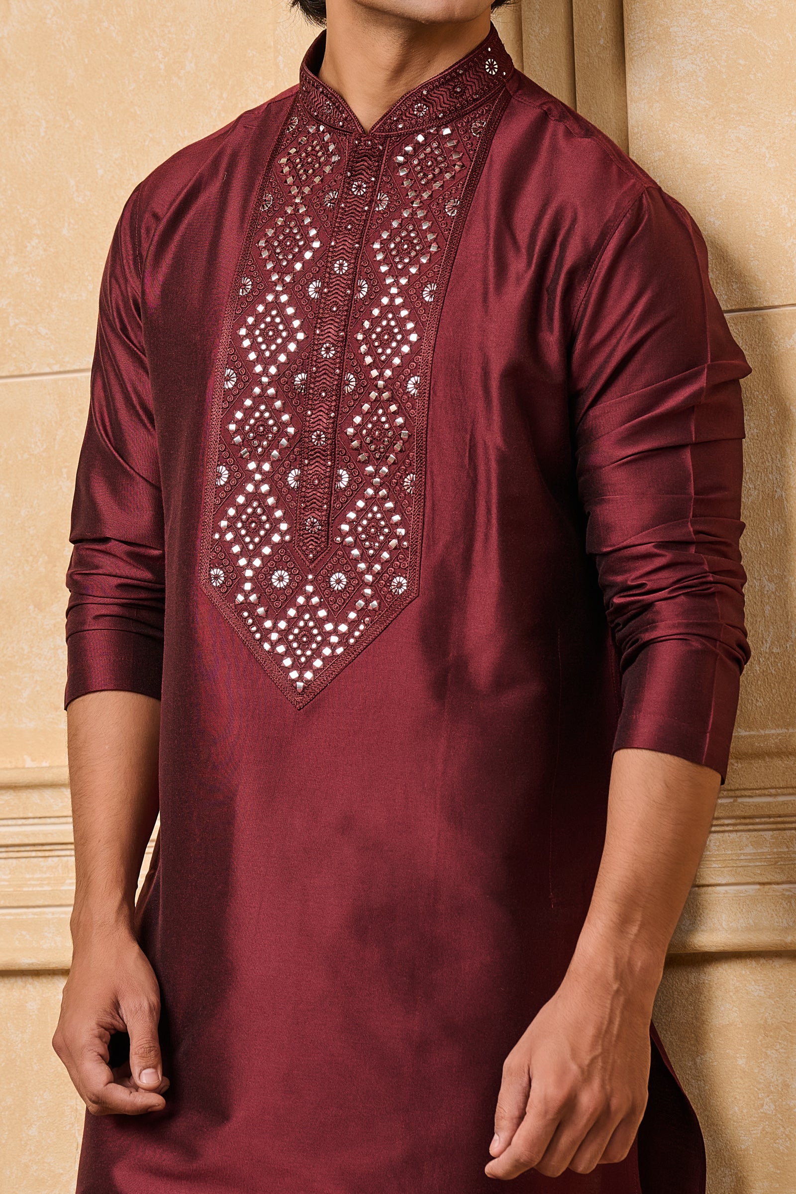 Maroon Patra Embroidered Kurta Set