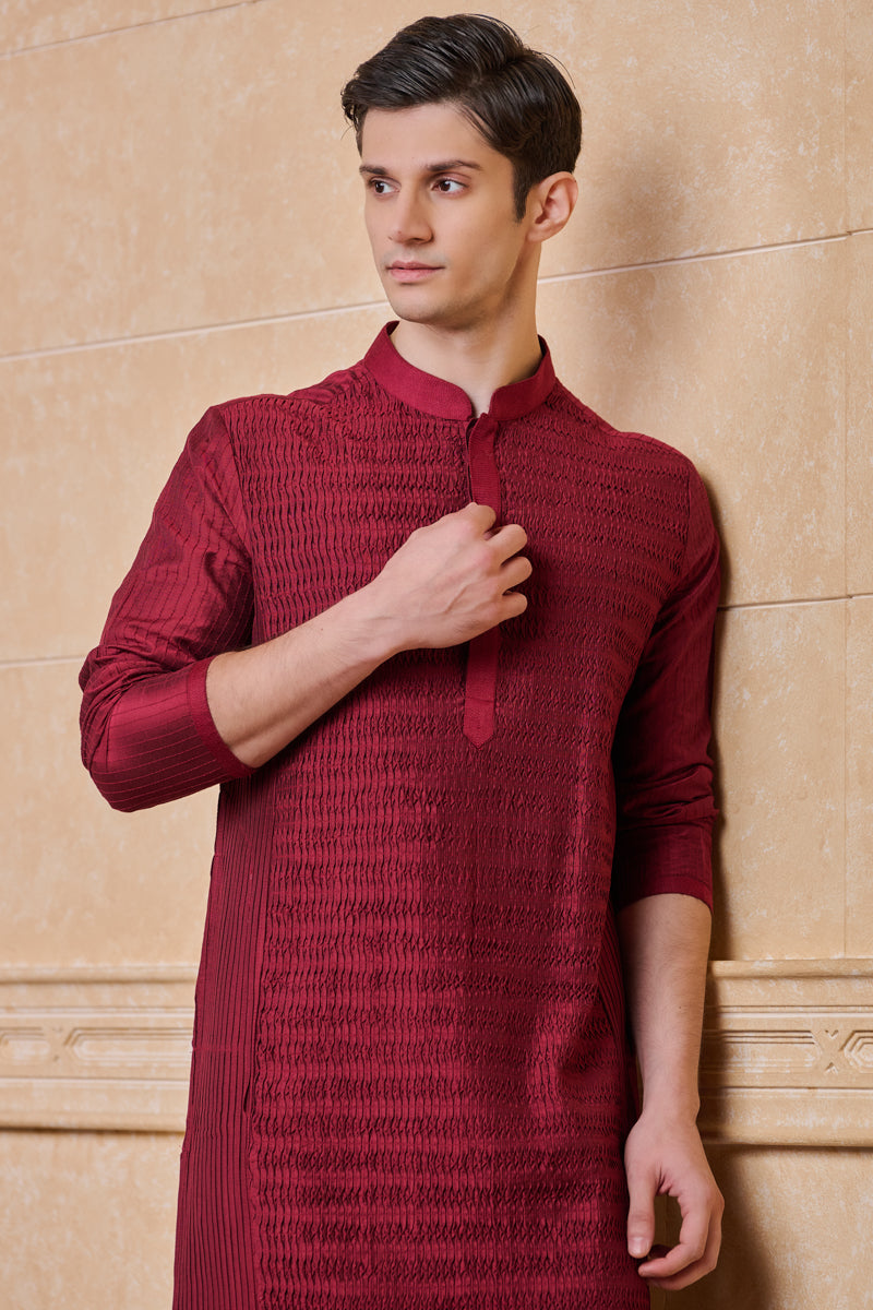 Maroon All Over Textured Kurta Set