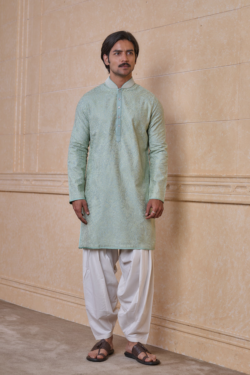 Teal All Over Embroidered Chanderi Kurta Set