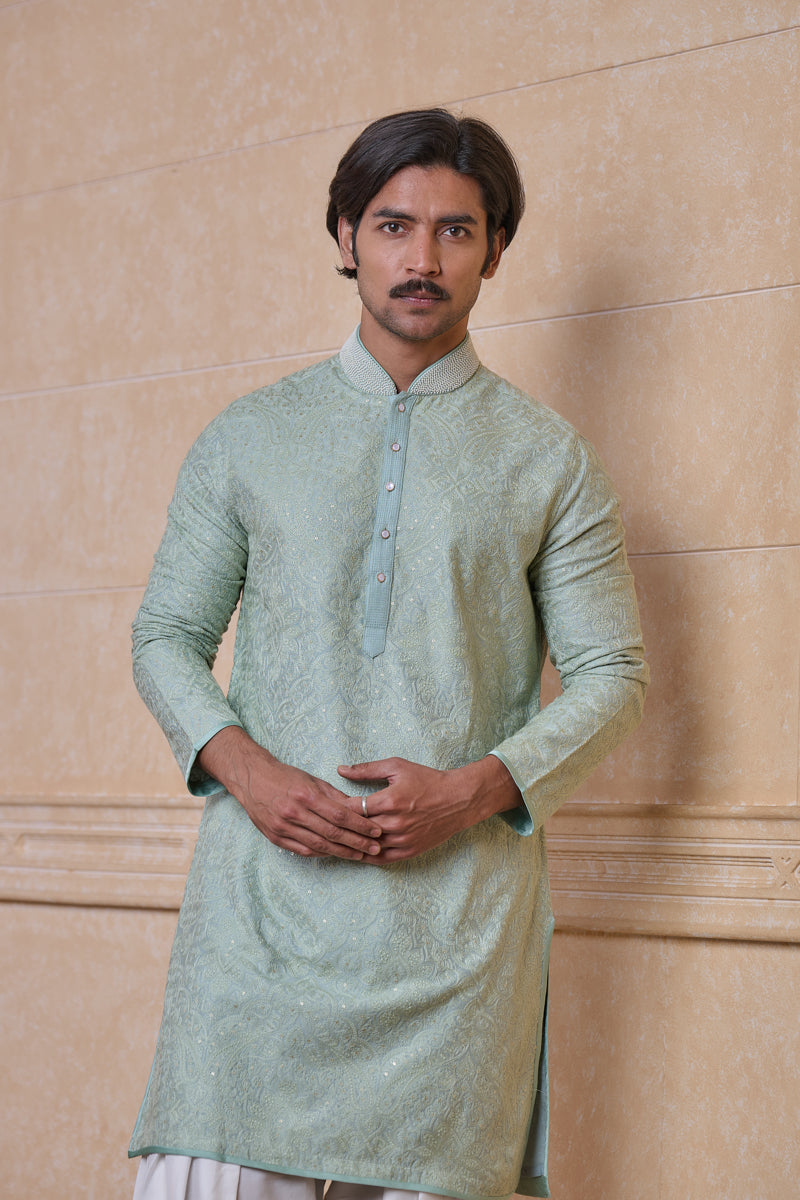 Teal All Over Embroidered Chanderi Kurta Set