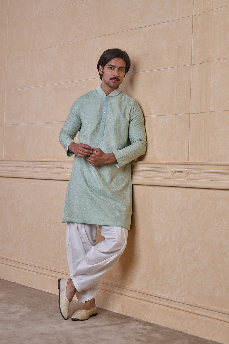 Teal All Over Embroidered Chanderi Kurta Set