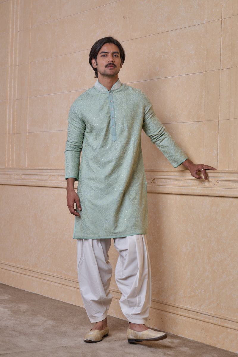 Teal All Over Embroidered Chanderi Kurta Set